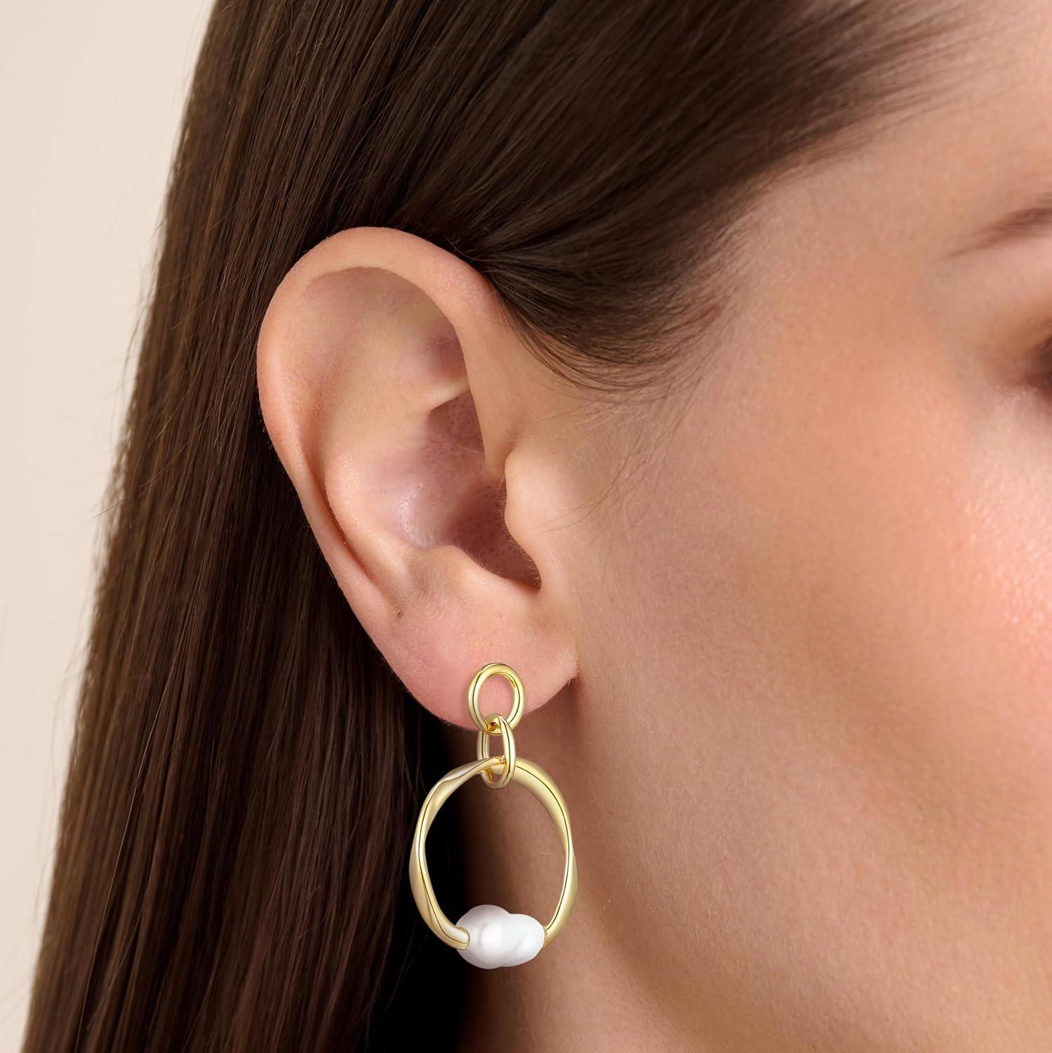 imageAmazon Essentials Baroque Pearl Hoop Earrings for Women  GoldTone Fine Silver Plated Open Circle Design Modern Jewelry