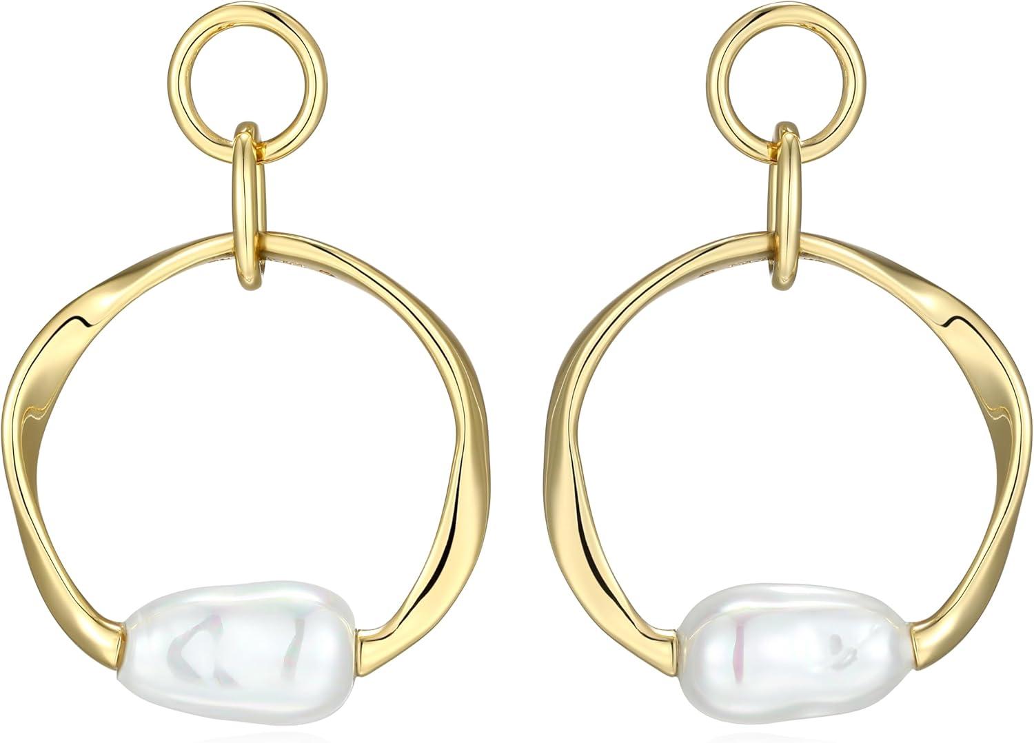 imageAmazon Essentials Baroque Pearl Hoop Earrings for Women  GoldTone Fine Silver Plated Open Circle Design Modern Jewelry