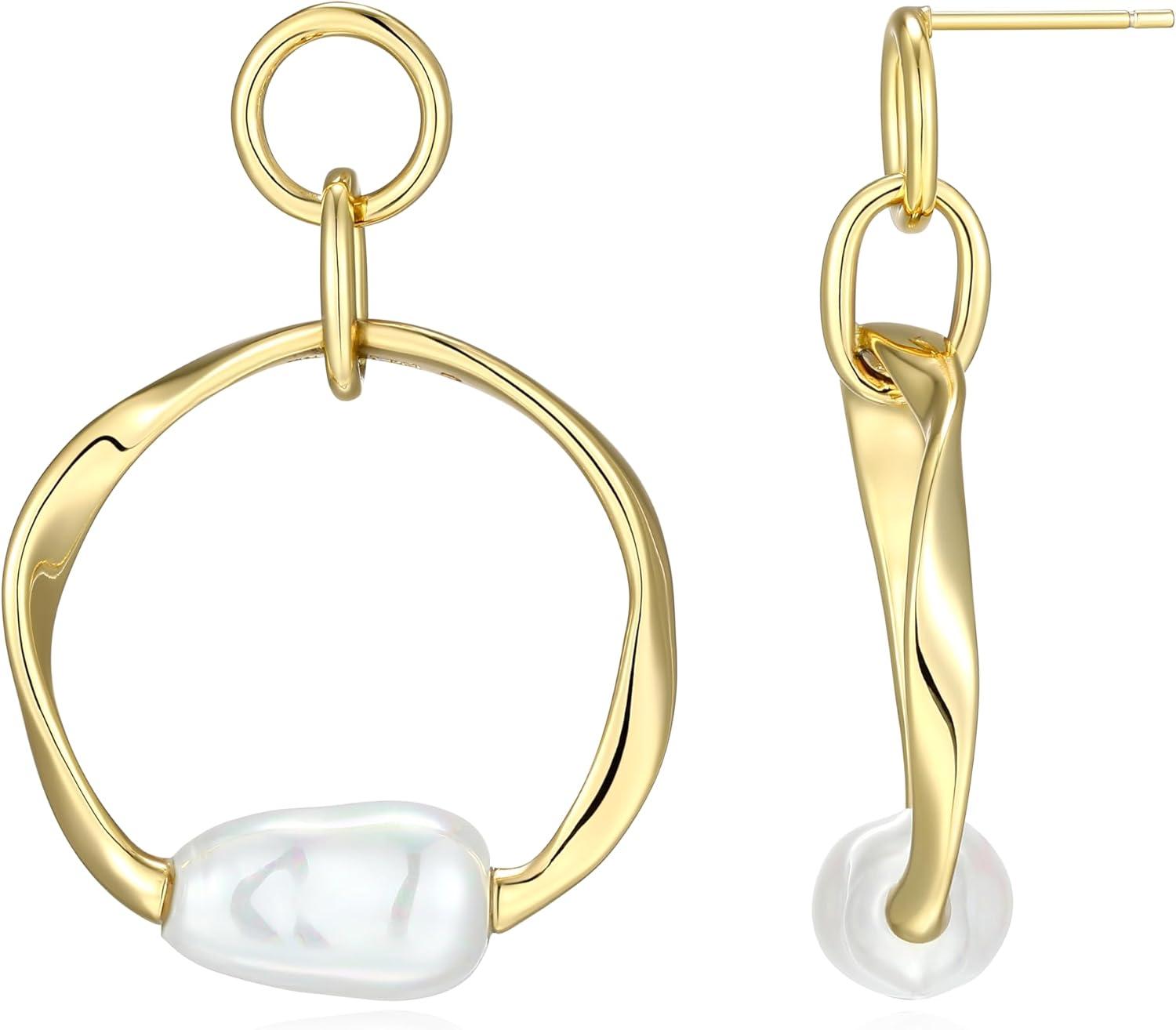 imageAmazon Essentials Baroque Pearl Hoop Earrings for Women  GoldTone Fine Silver Plated Open Circle Design Modern Jewelry