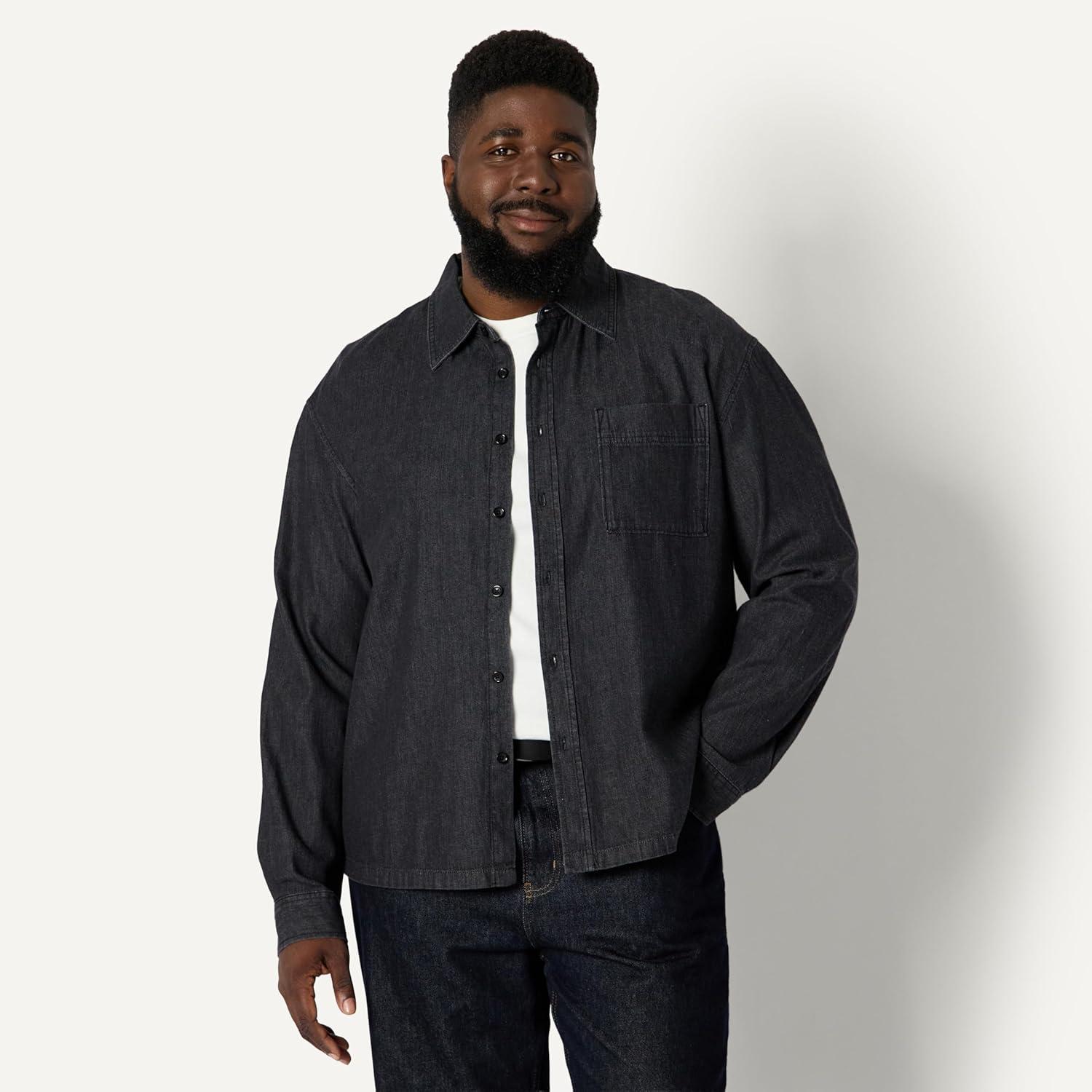 imageAmazon Essentials Mens Modern OversizedFit Denim ButtonDown ShirtBlack