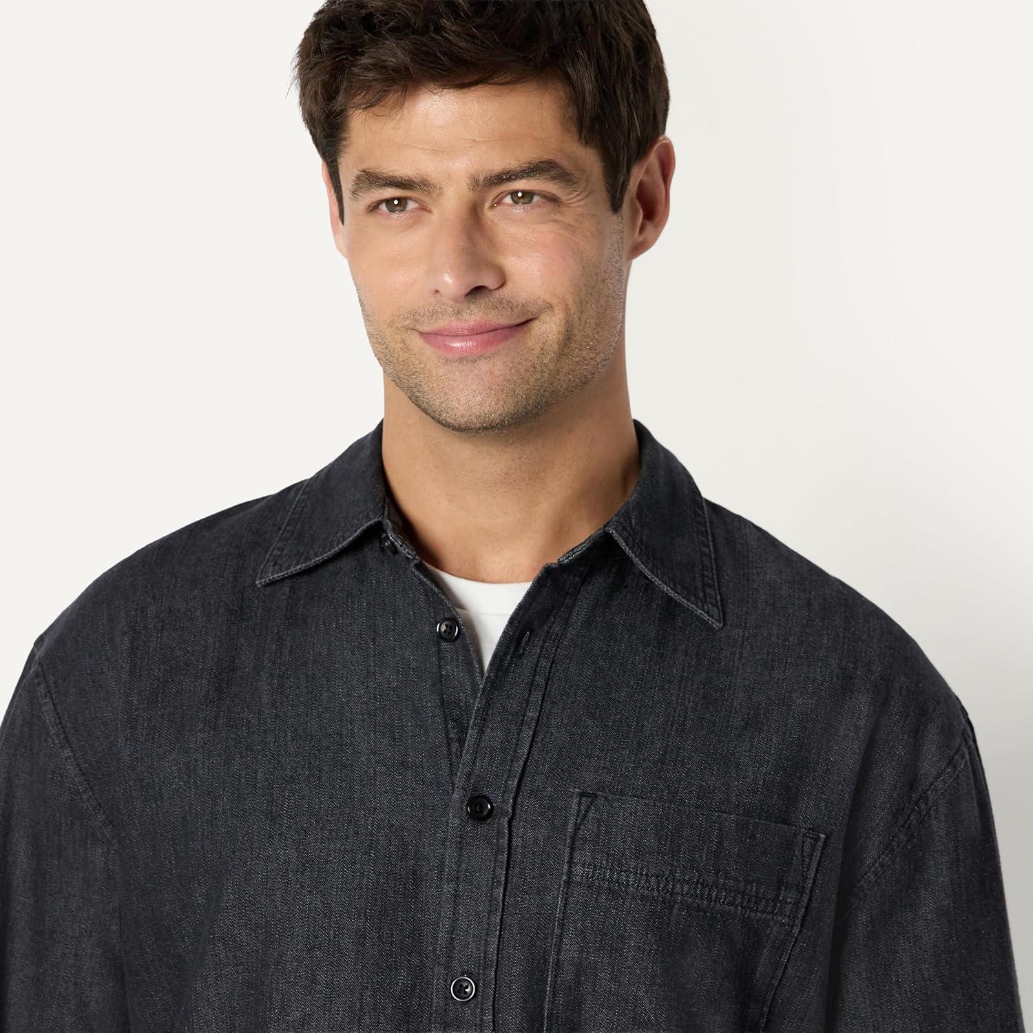 imageAmazon Essentials Mens Modern OversizedFit Denim ButtonDown ShirtBlack