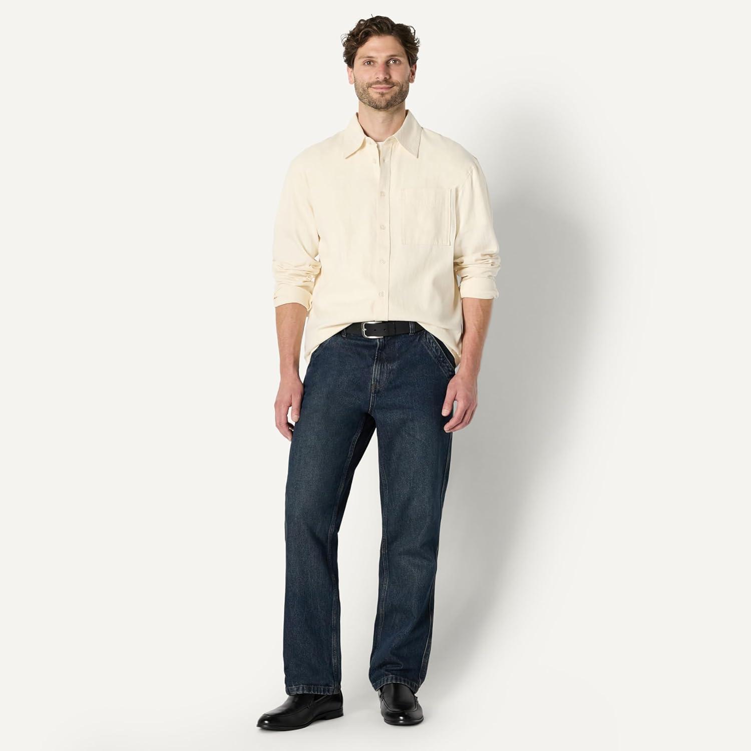 imageAmazon Essentials Mens Modern OversizedFit Denim ButtonDown ShirtEcru