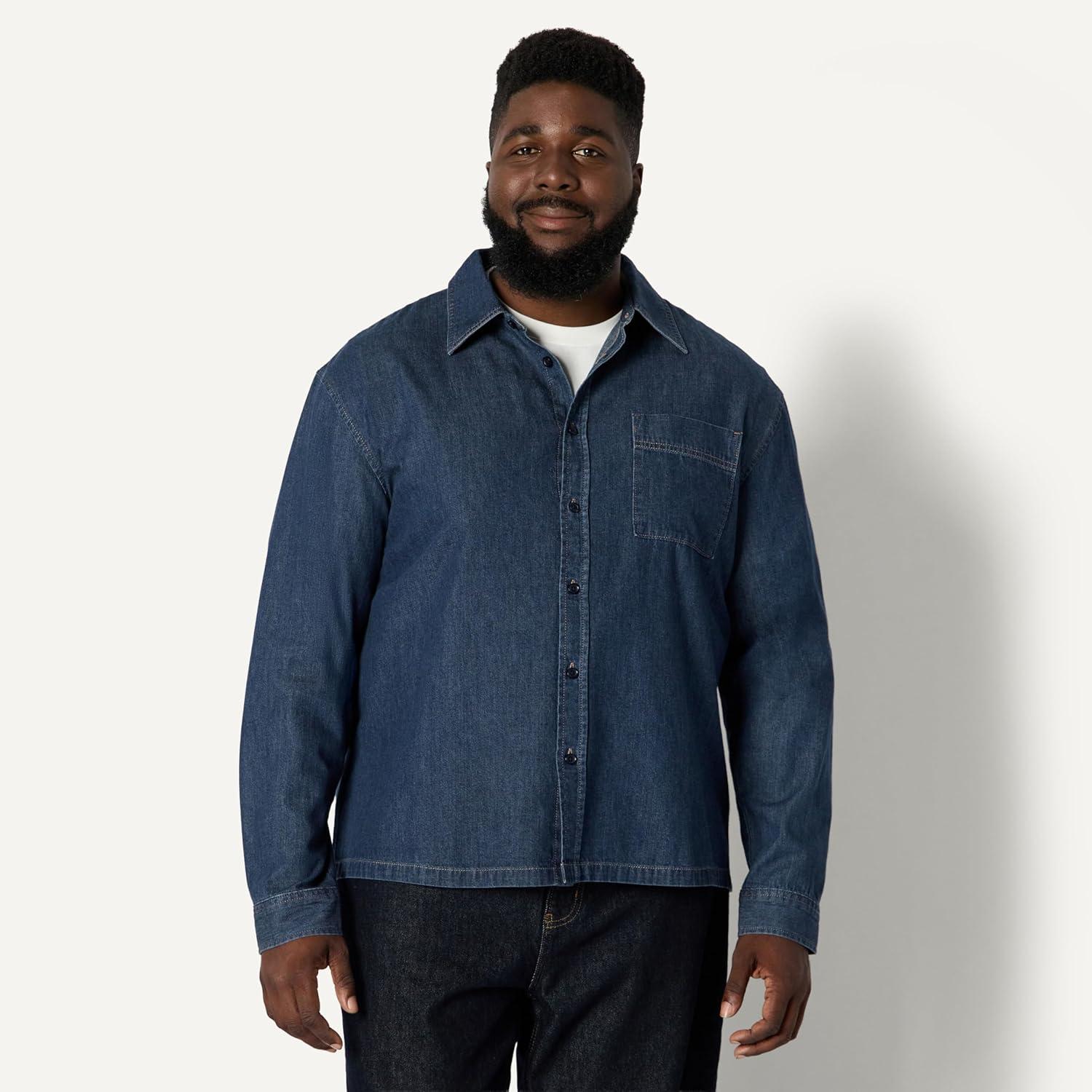 imageAmazon Essentials Mens Modern OversizedFit Denim ButtonDown ShirtMedium Blue Vintage