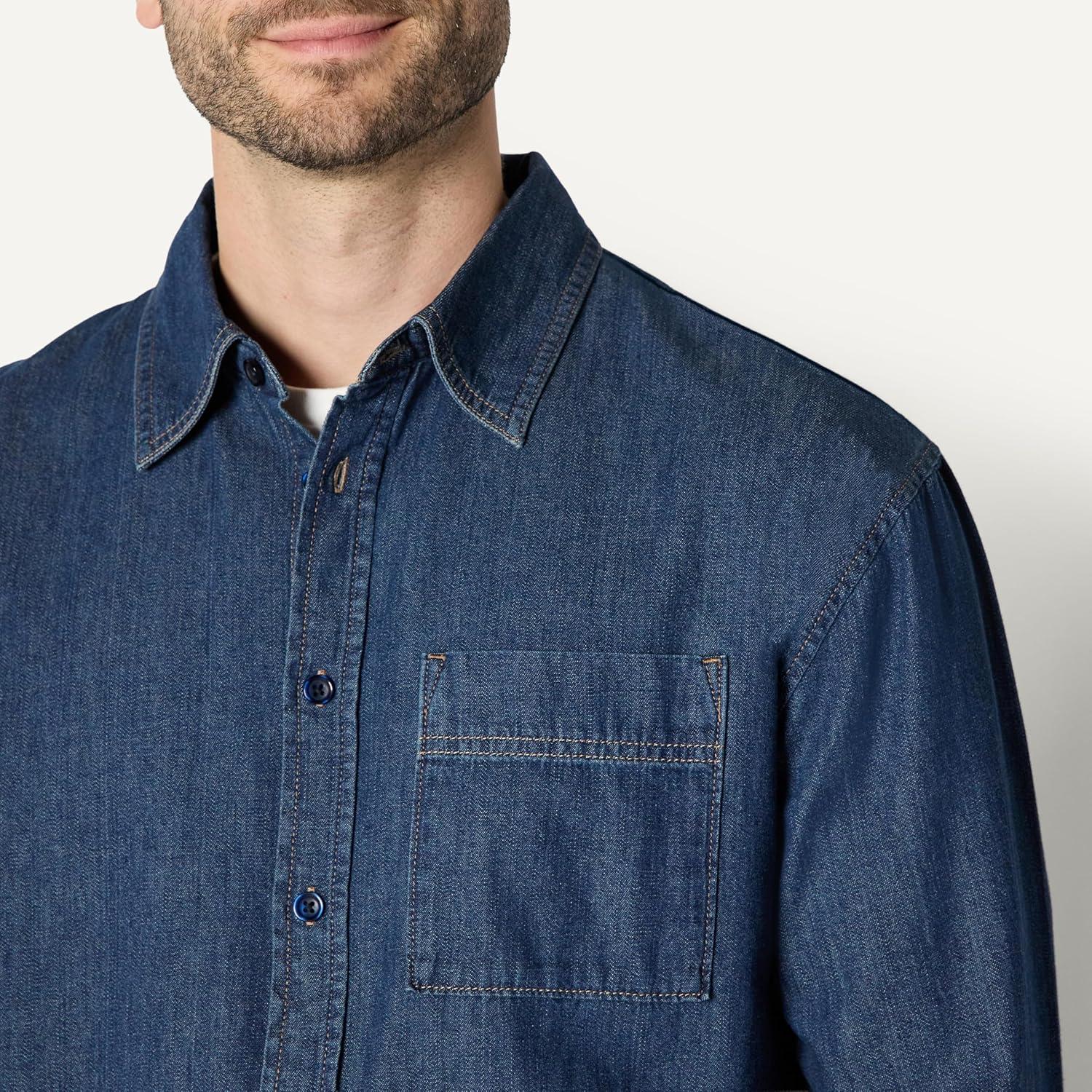 imageAmazon Essentials Mens Modern OversizedFit Denim ButtonDown ShirtMedium Blue Vintage