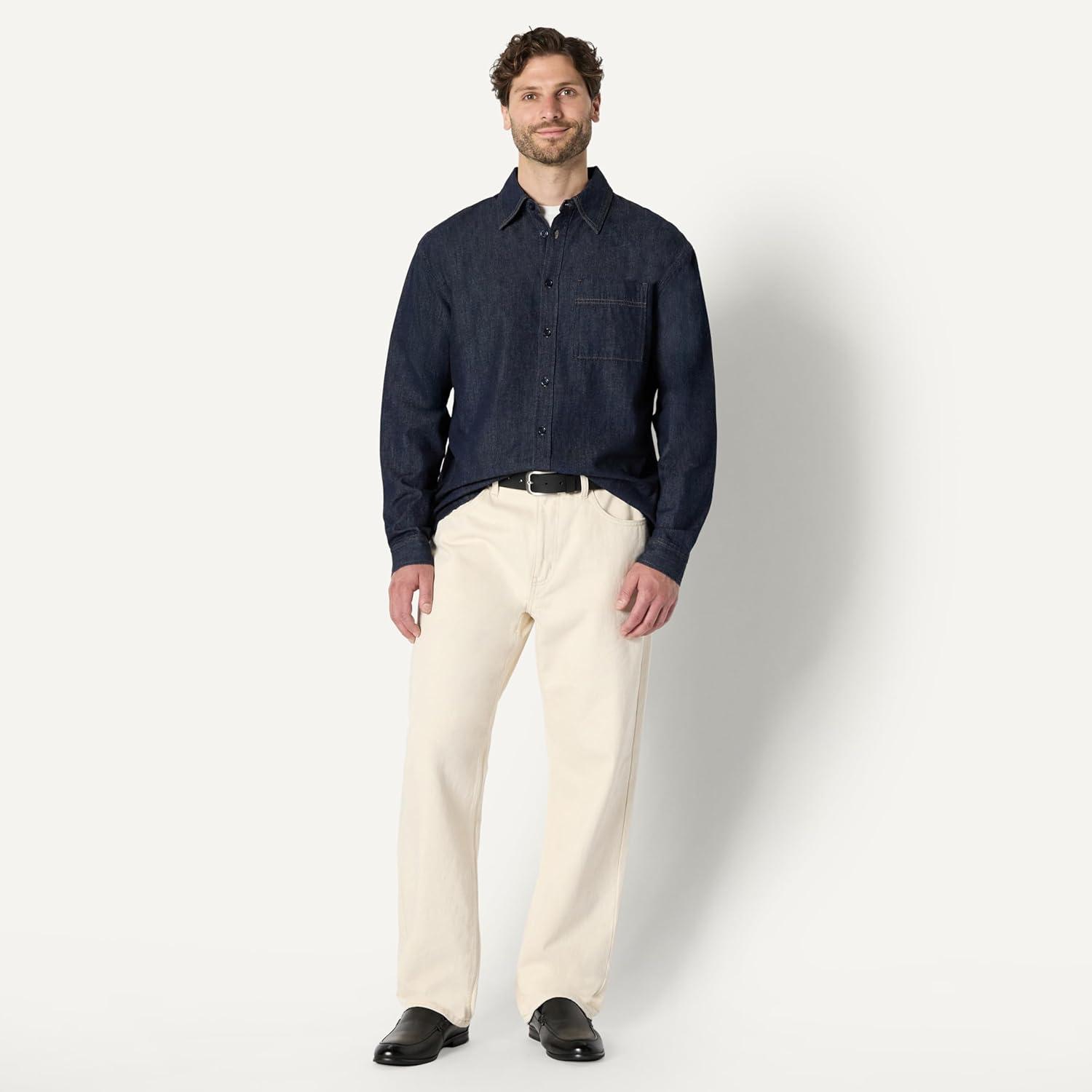 imageAmazon Essentials Mens Modern OversizedFit Denim ButtonDown ShirtRinse