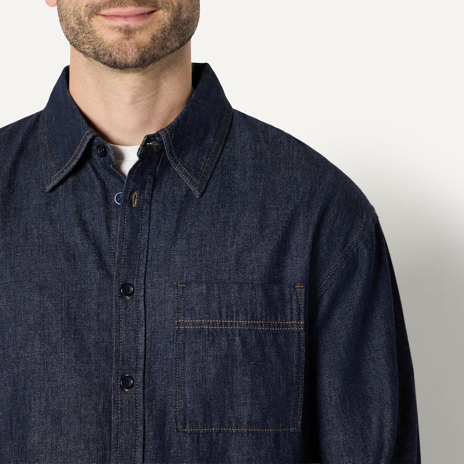 imageAmazon Essentials Mens Modern OversizedFit Denim ButtonDown ShirtRinse