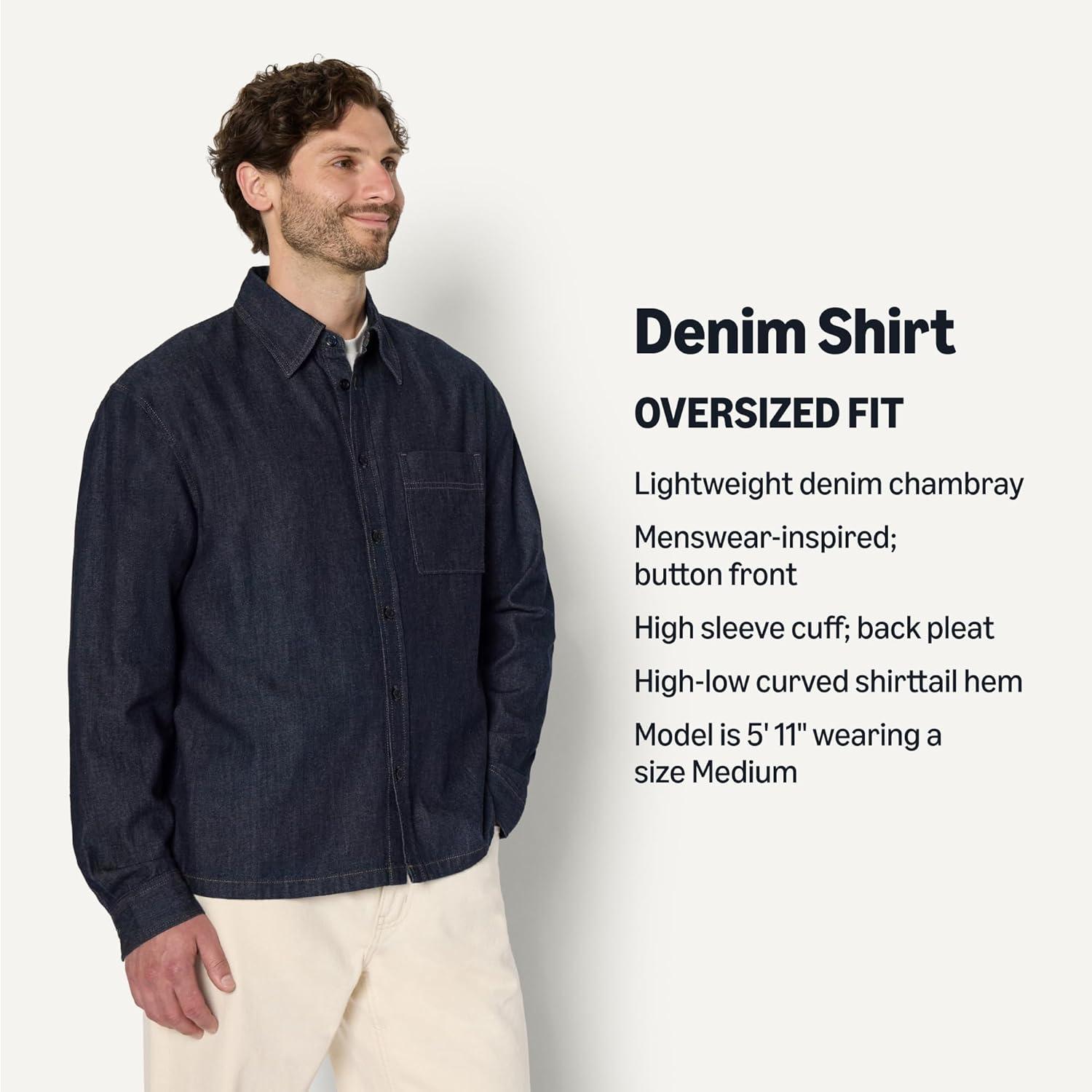 imageAmazon Essentials Mens Modern OversizedFit Denim ButtonDown ShirtRinse