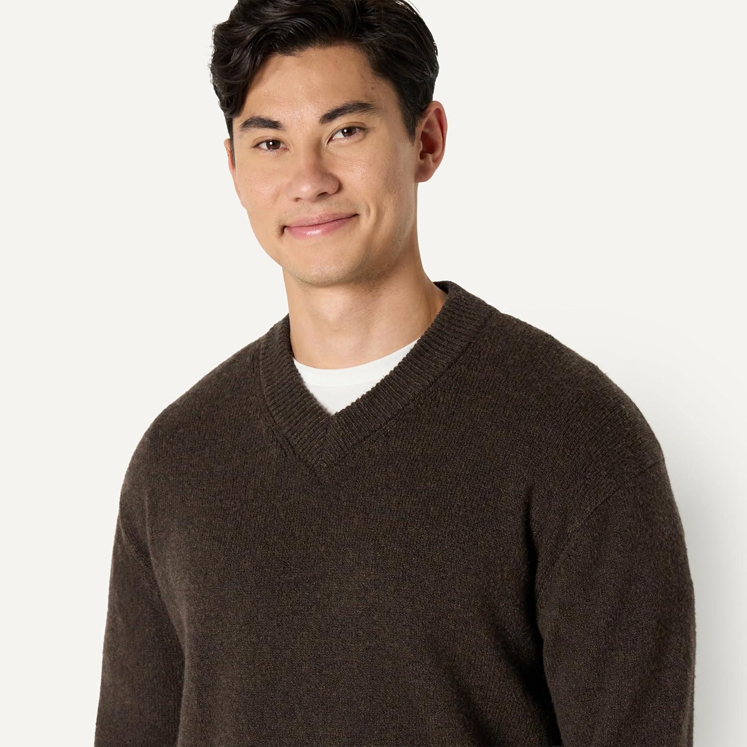 imageAmazon Essentials Mens RegularFit Cotton Blend VNeck SweaterChocolate Heather