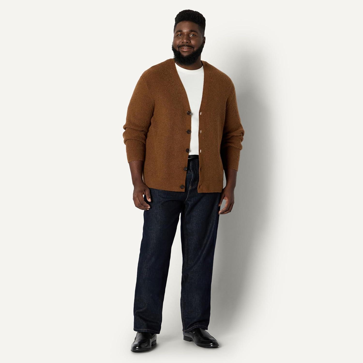 imageAmazon Essentials Mens RelaxedFit Cotton Blend CardiganCaramel Heather