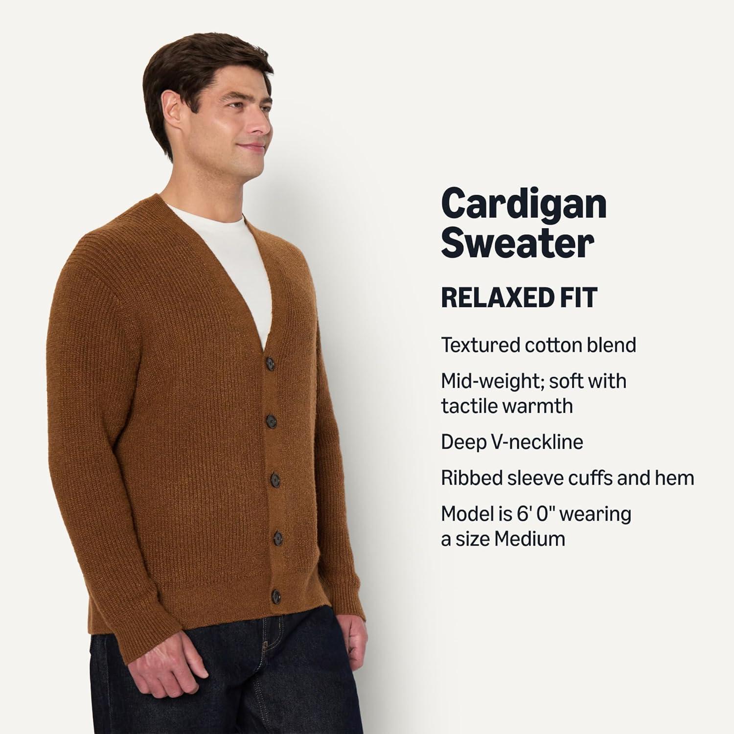 imageAmazon Essentials Mens RelaxedFit Cotton Blend CardiganCaramel Heather