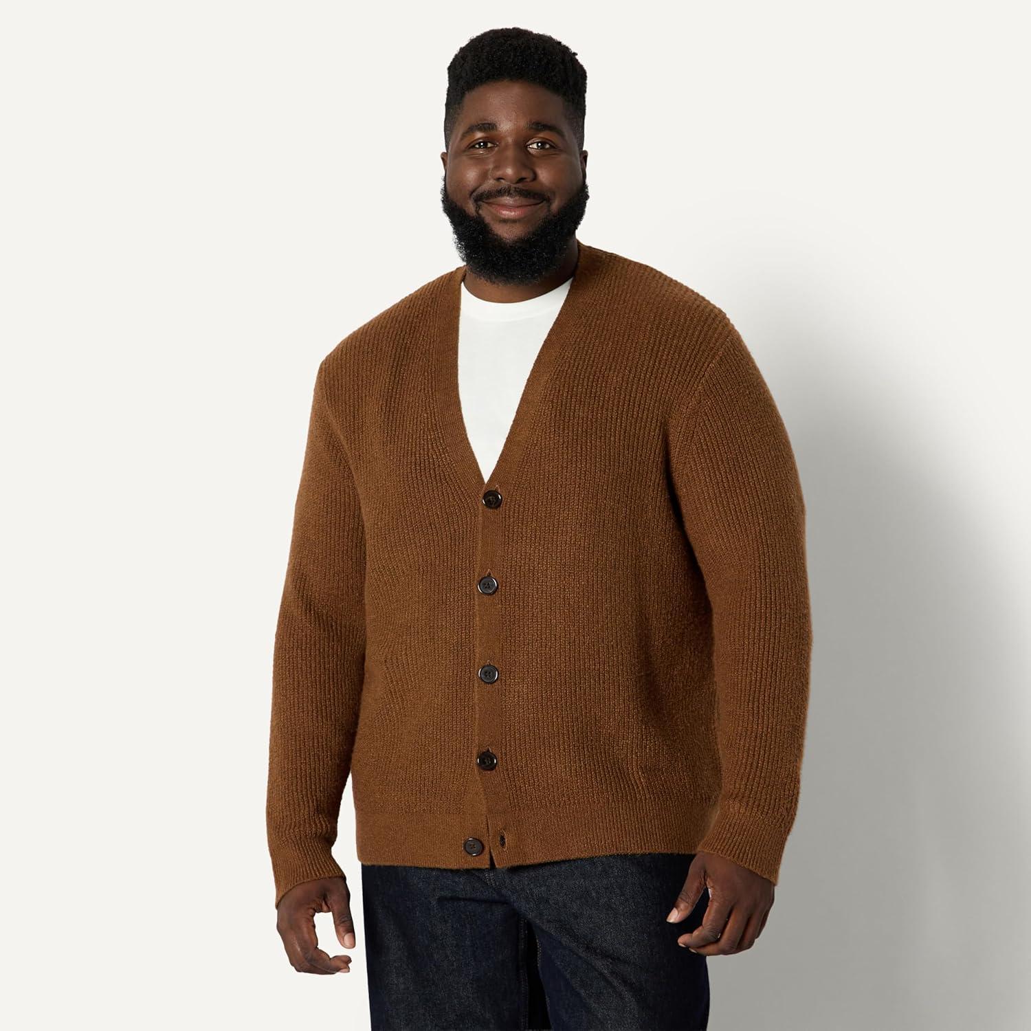 imageAmazon Essentials Mens RelaxedFit Cotton Blend CardiganCaramel Heather