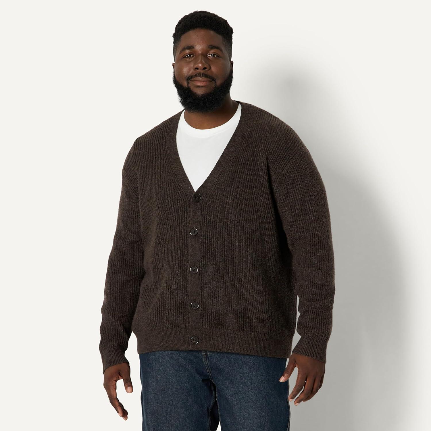 imageAmazon Essentials Mens RelaxedFit Cotton Blend CardiganChocolate Heather