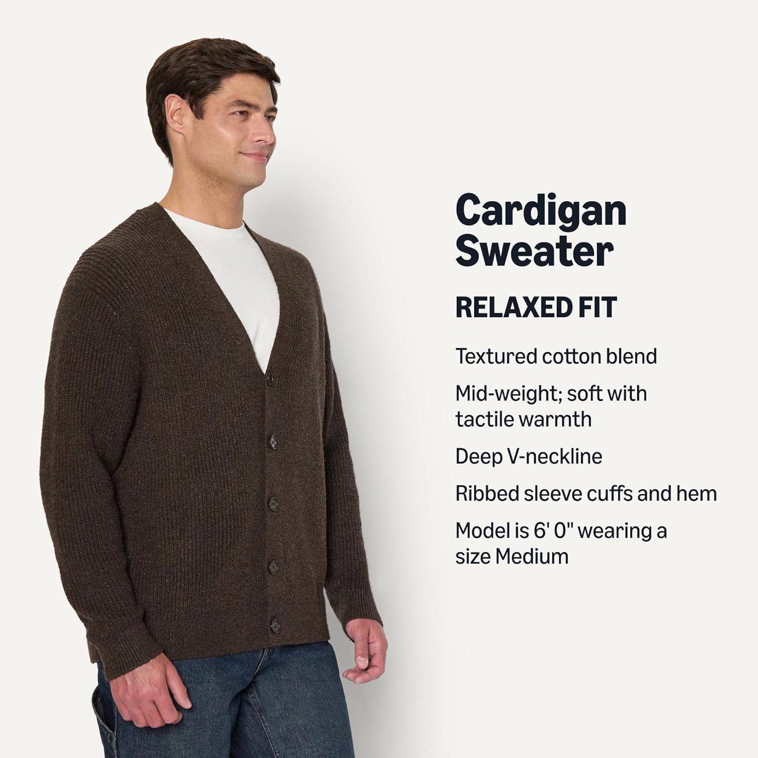 imageAmazon Essentials Mens RelaxedFit Cotton Blend CardiganChocolate Heather