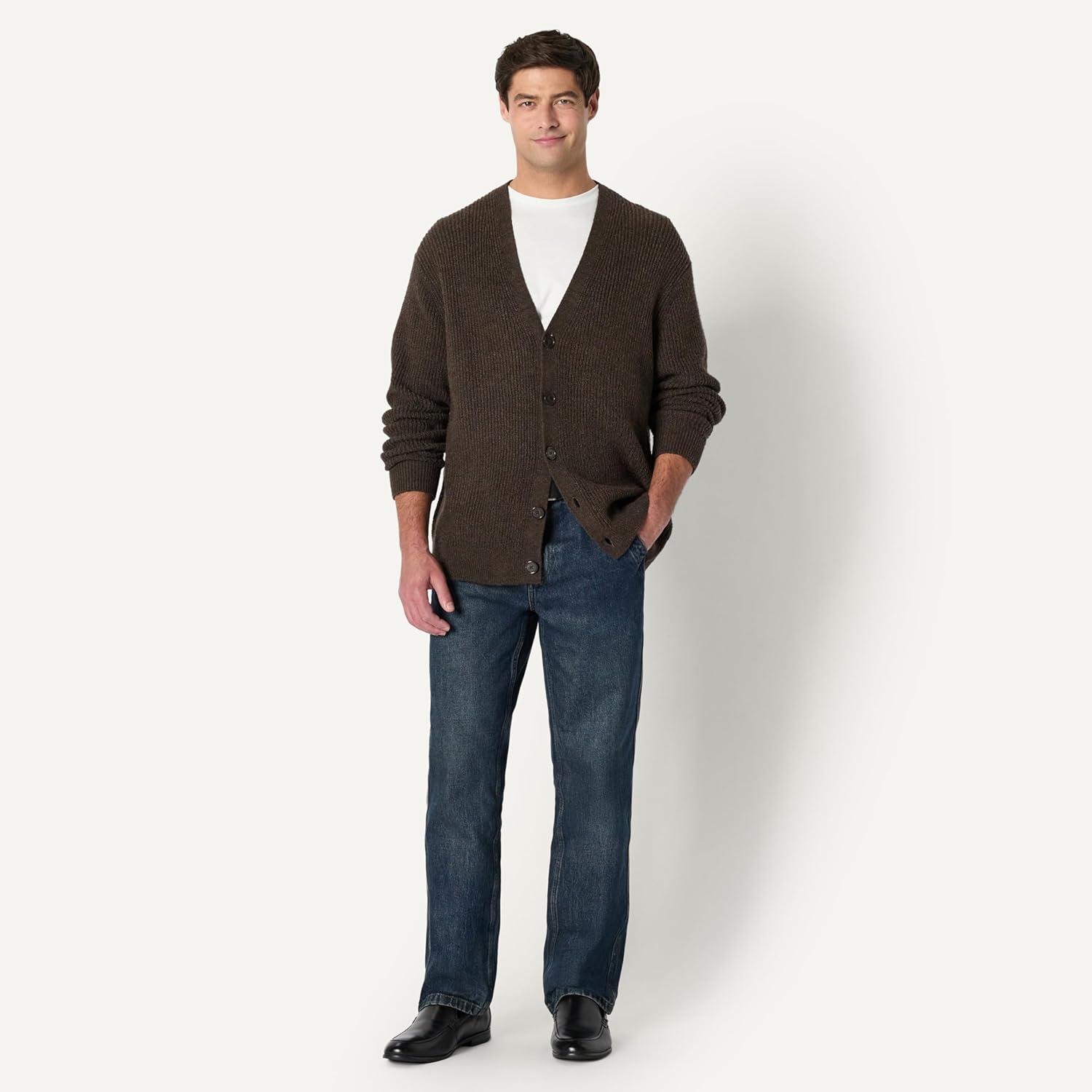 imageAmazon Essentials Mens RelaxedFit Cotton Blend CardiganChocolate Heather