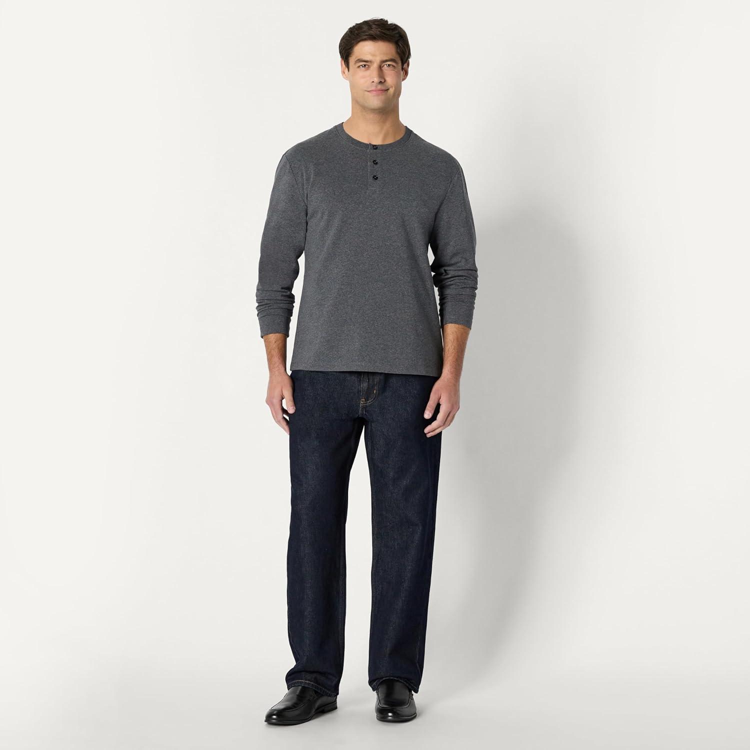 imageAmazon Essentials Mens RelaxedFit Long Sleeve HenleyCharcoal Heather