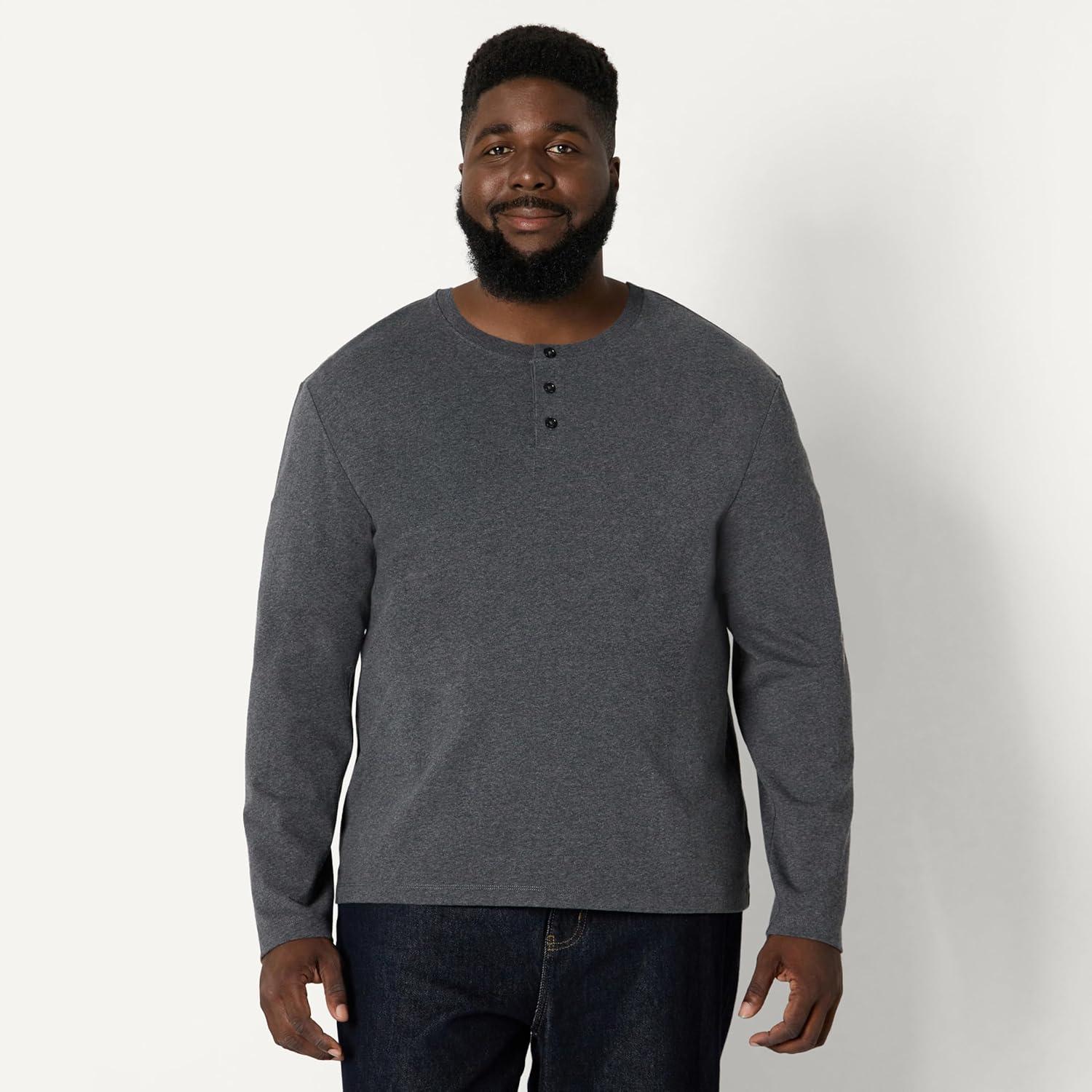 imageAmazon Essentials Mens RelaxedFit Long Sleeve HenleyCharcoal Heather