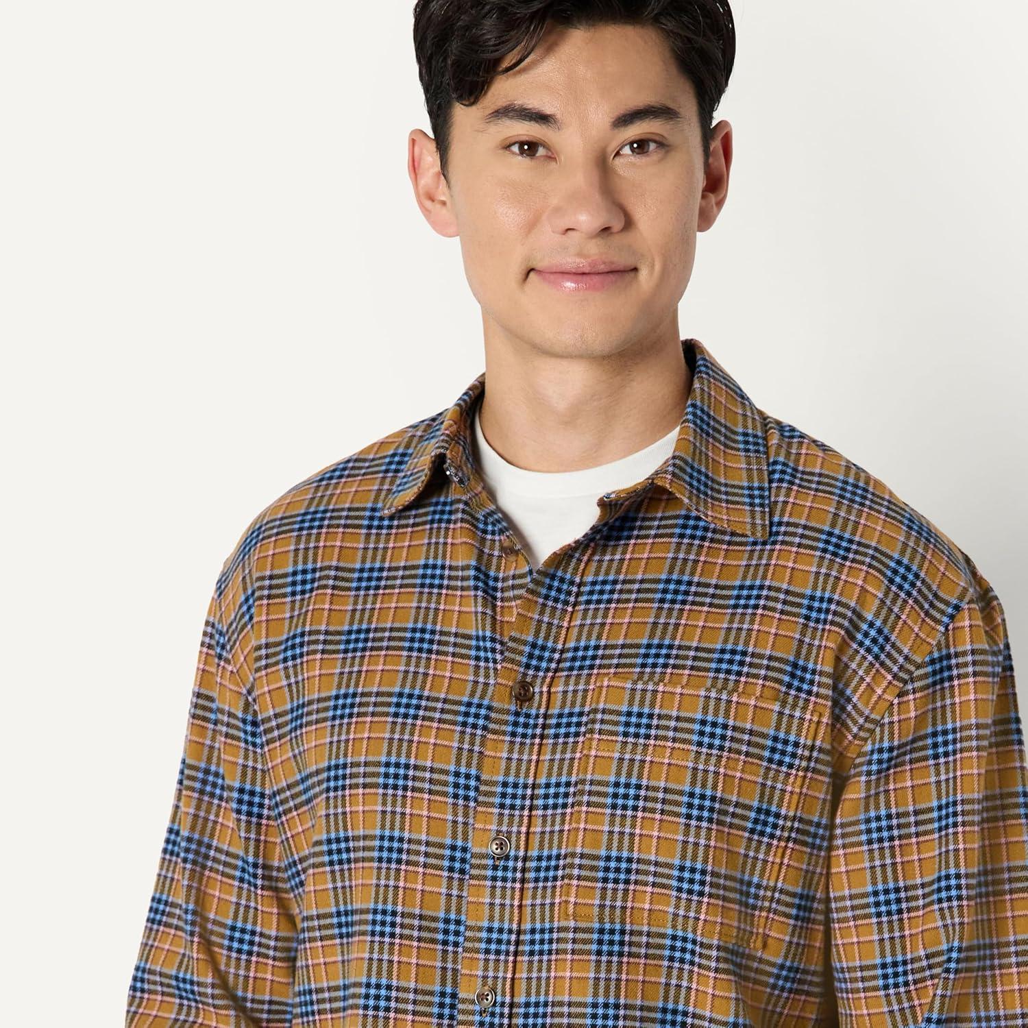 imageAmazon Essentials Mens RelaxedFit LongSleeve Flannel ShirtBlue Dark Khaki Houndstooth Plaid