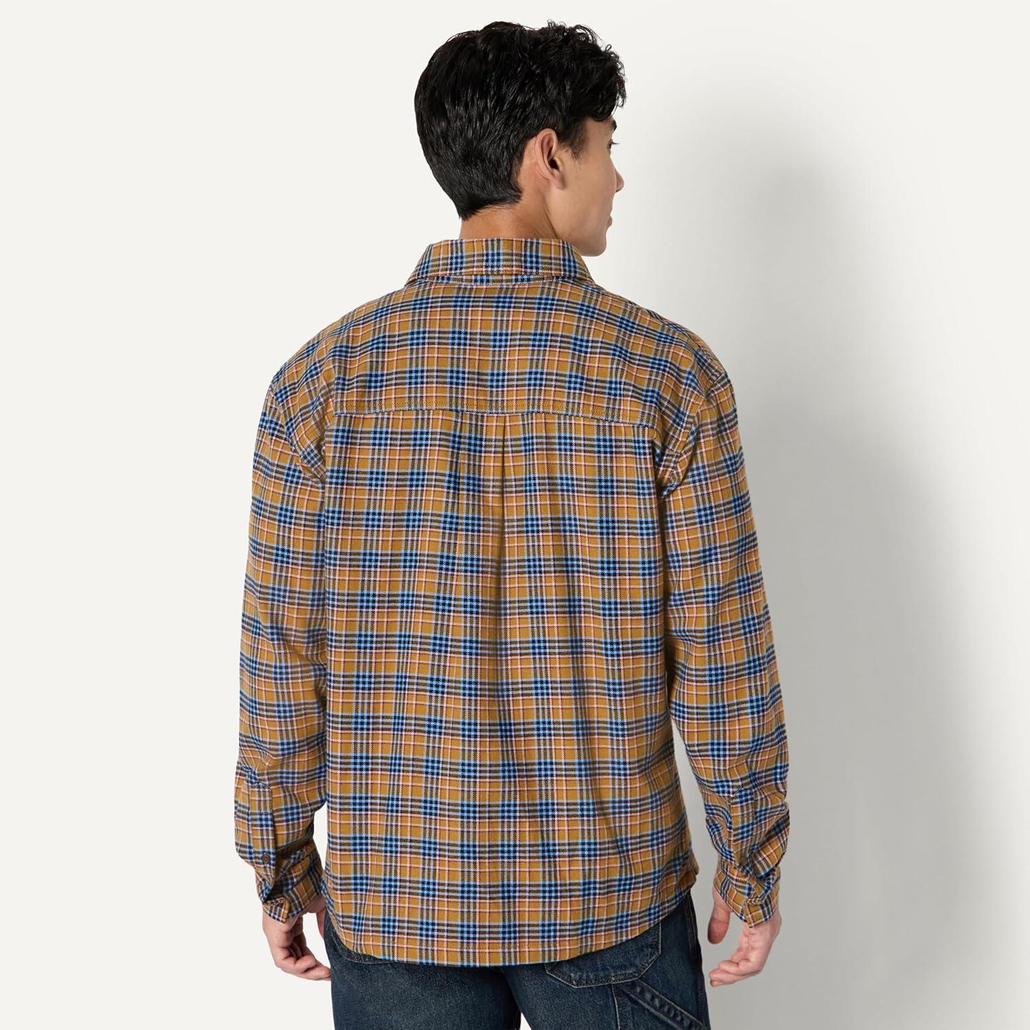 imageAmazon Essentials Mens RelaxedFit LongSleeve Flannel ShirtBlue Dark Khaki Houndstooth Plaid