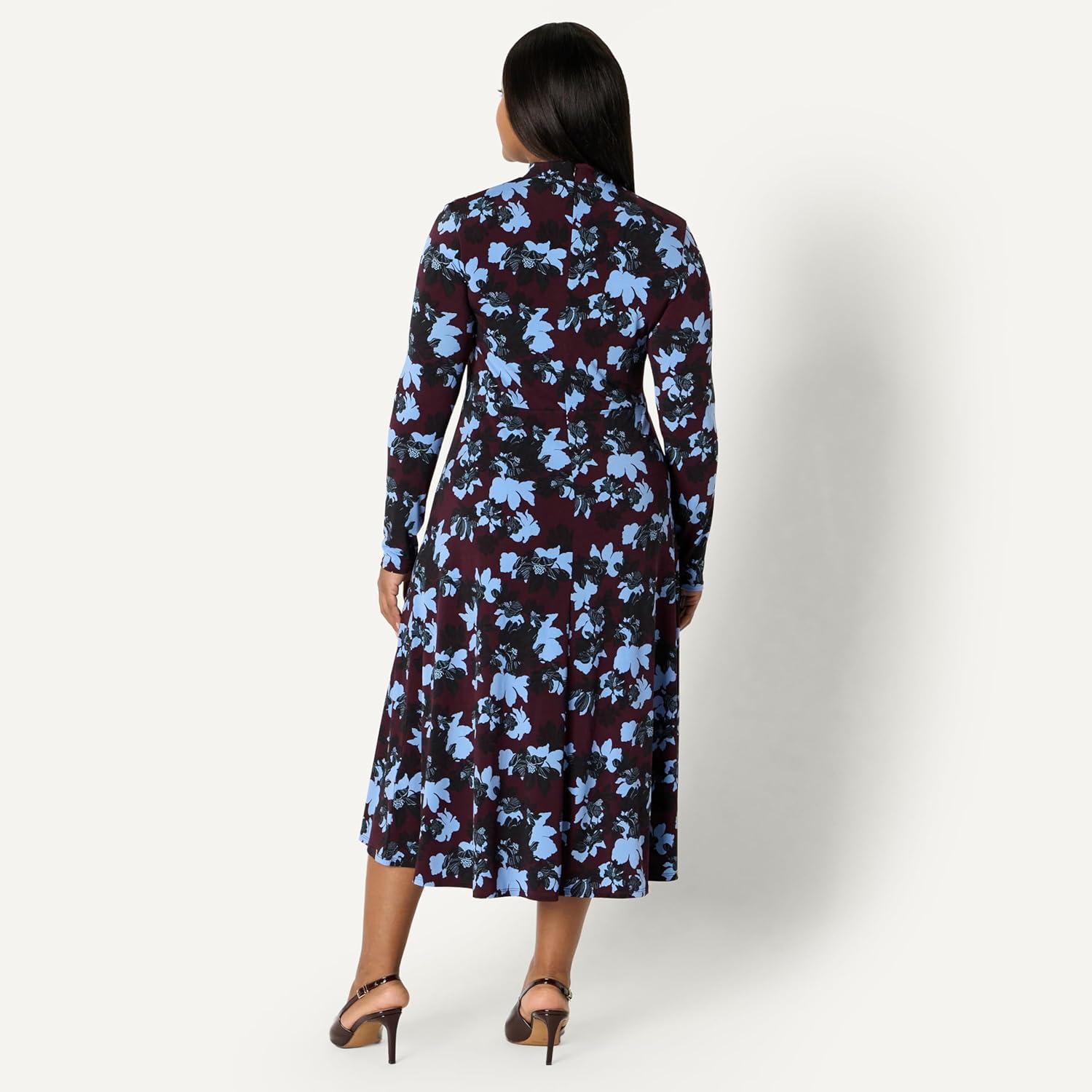 imageAmazon Essentials Womens Fit and Flare LongSleeved Short Maxi DressBurgundy Blue Floral
