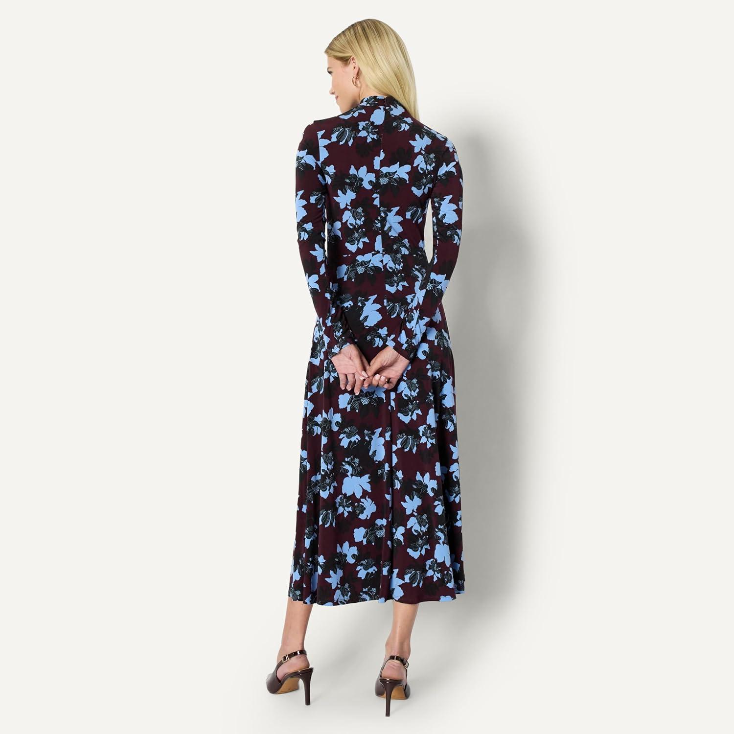 imageAmazon Essentials Womens Fit and Flare LongSleeved Short Maxi DressBurgundy Blue Floral