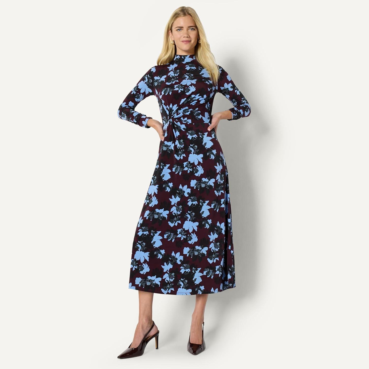 imageAmazon Essentials Womens Fit and Flare LongSleeved Short Maxi DressBurgundy Blue Floral