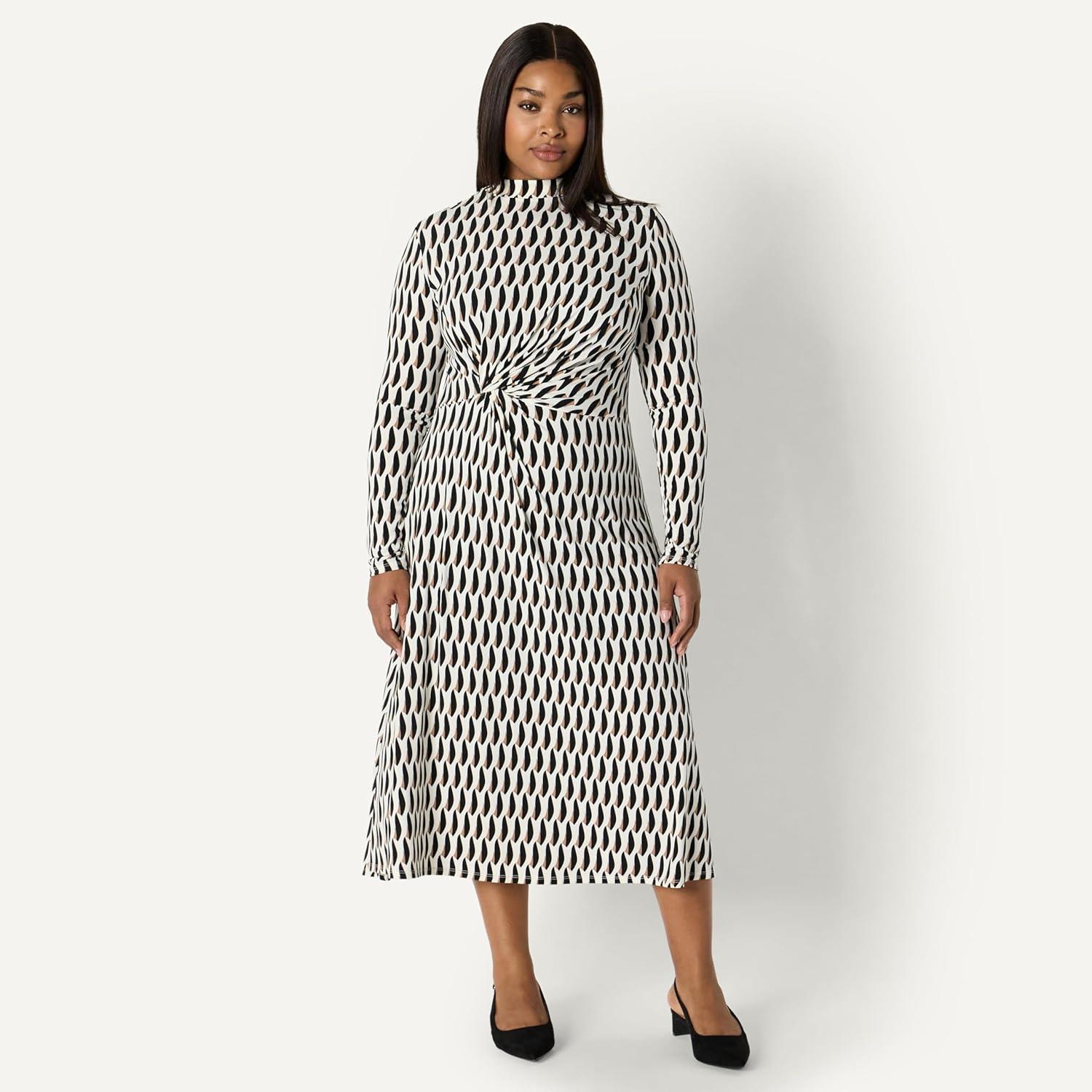 imageAmazon Essentials Womens Fit and Flare LongSleeved Short Maxi DressIvory Washed Bronze Geo