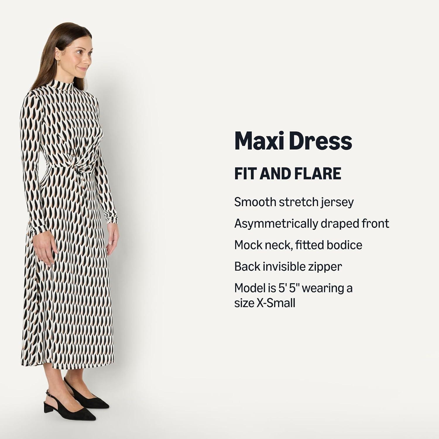 imageAmazon Essentials Womens Fit and Flare LongSleeved Short Maxi DressIvory Washed Bronze Geo