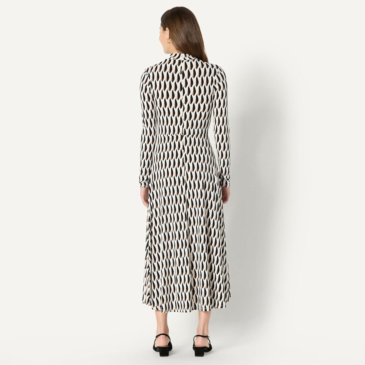 imageAmazon Essentials Womens Fit and Flare LongSleeved Short Maxi DressIvory Washed Bronze Geo