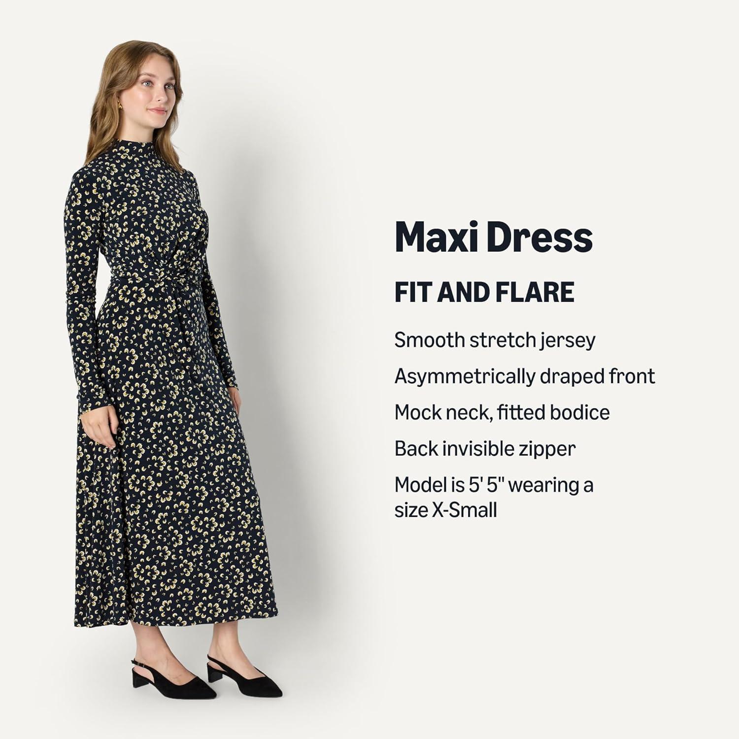 imageAmazon Essentials Womens Fit and Flare LongSleeved Short Maxi DressNavy Cream Petals