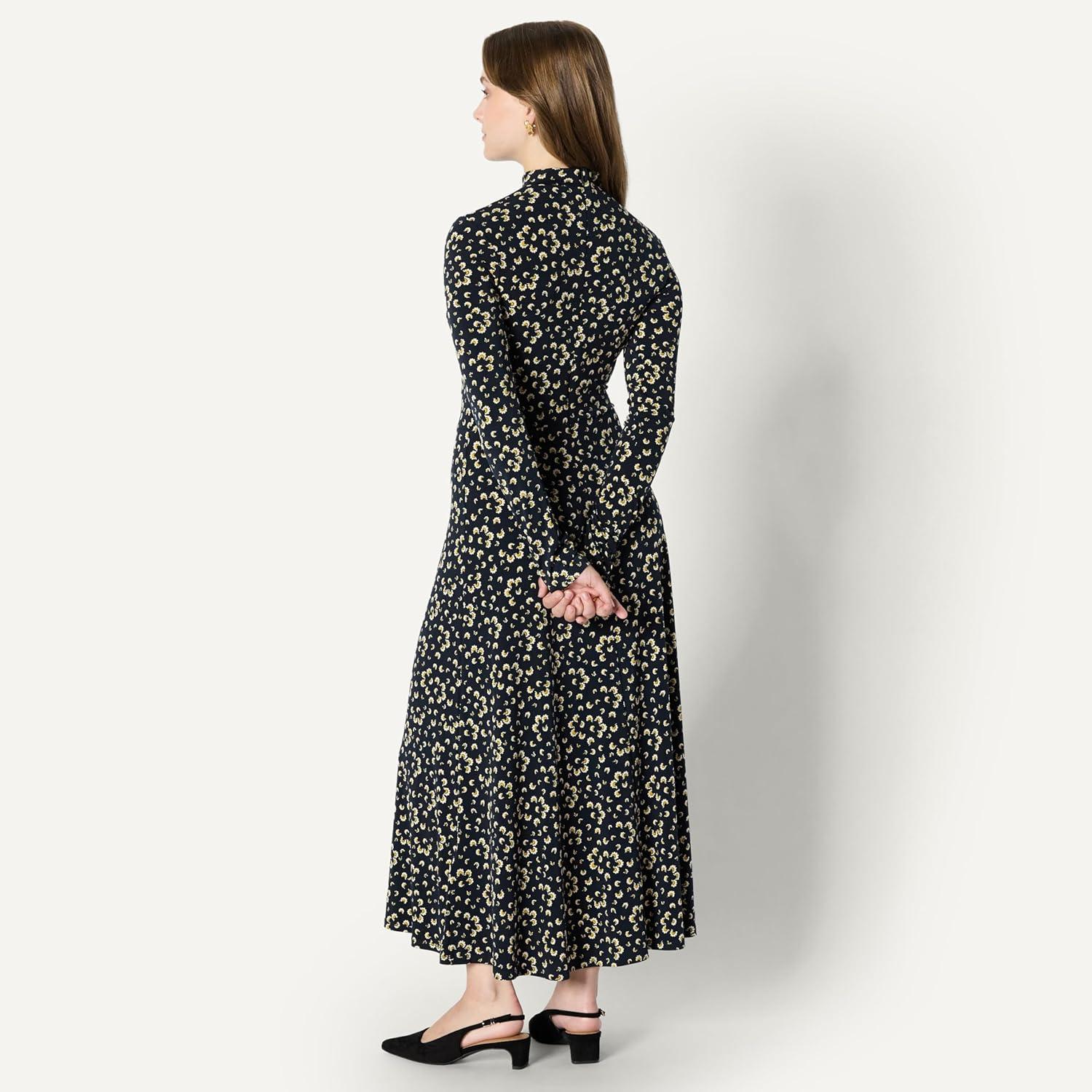 imageAmazon Essentials Womens Fit and Flare LongSleeved Short Maxi DressNavy Cream Petals