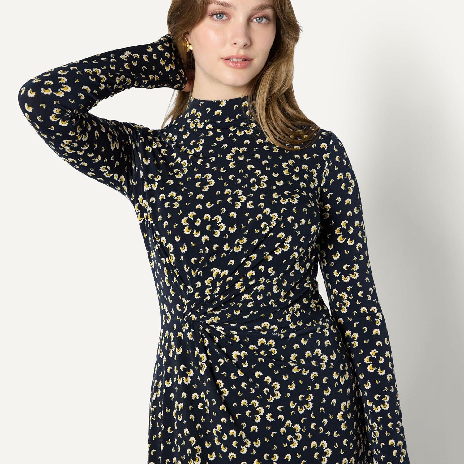 imageAmazon Essentials Womens Fit and Flare LongSleeved Short Maxi DressNavy Cream Petals