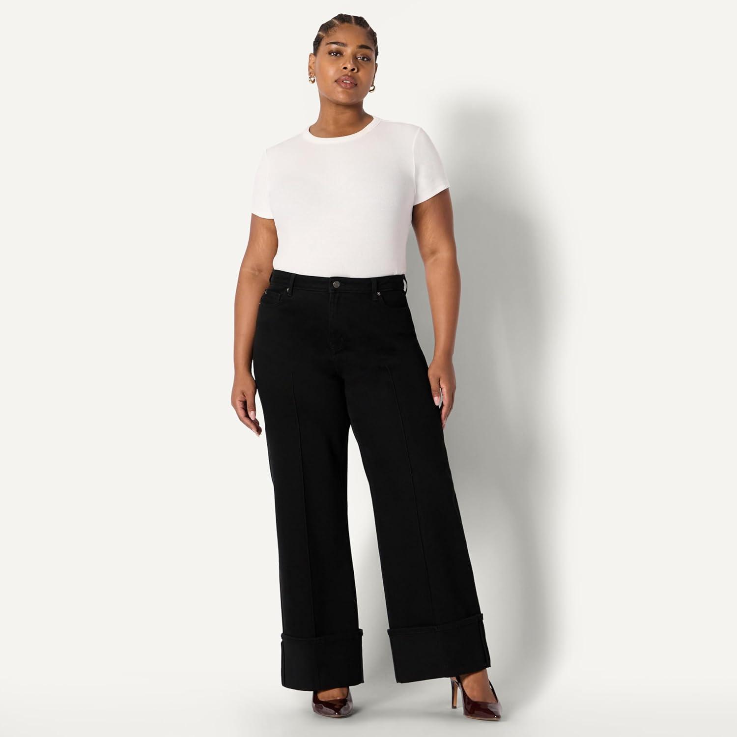 imageAmazon Essentials Womens HighRise Wide Leg Cuffed JeanBlack