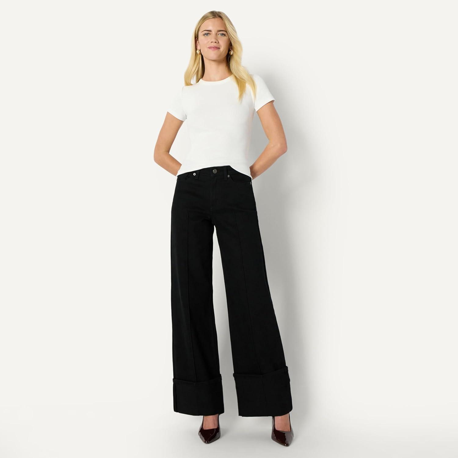 imageAmazon Essentials Womens HighRise Wide Leg Cuffed JeanBlack