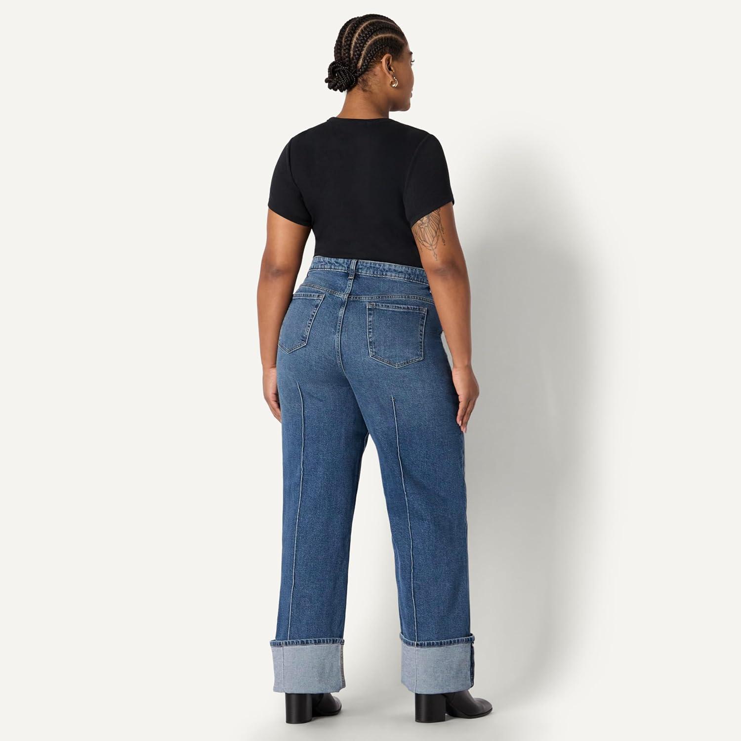 imageAmazon Essentials Womens HighRise Wide Leg Cuffed JeanMedium Blue Vintage