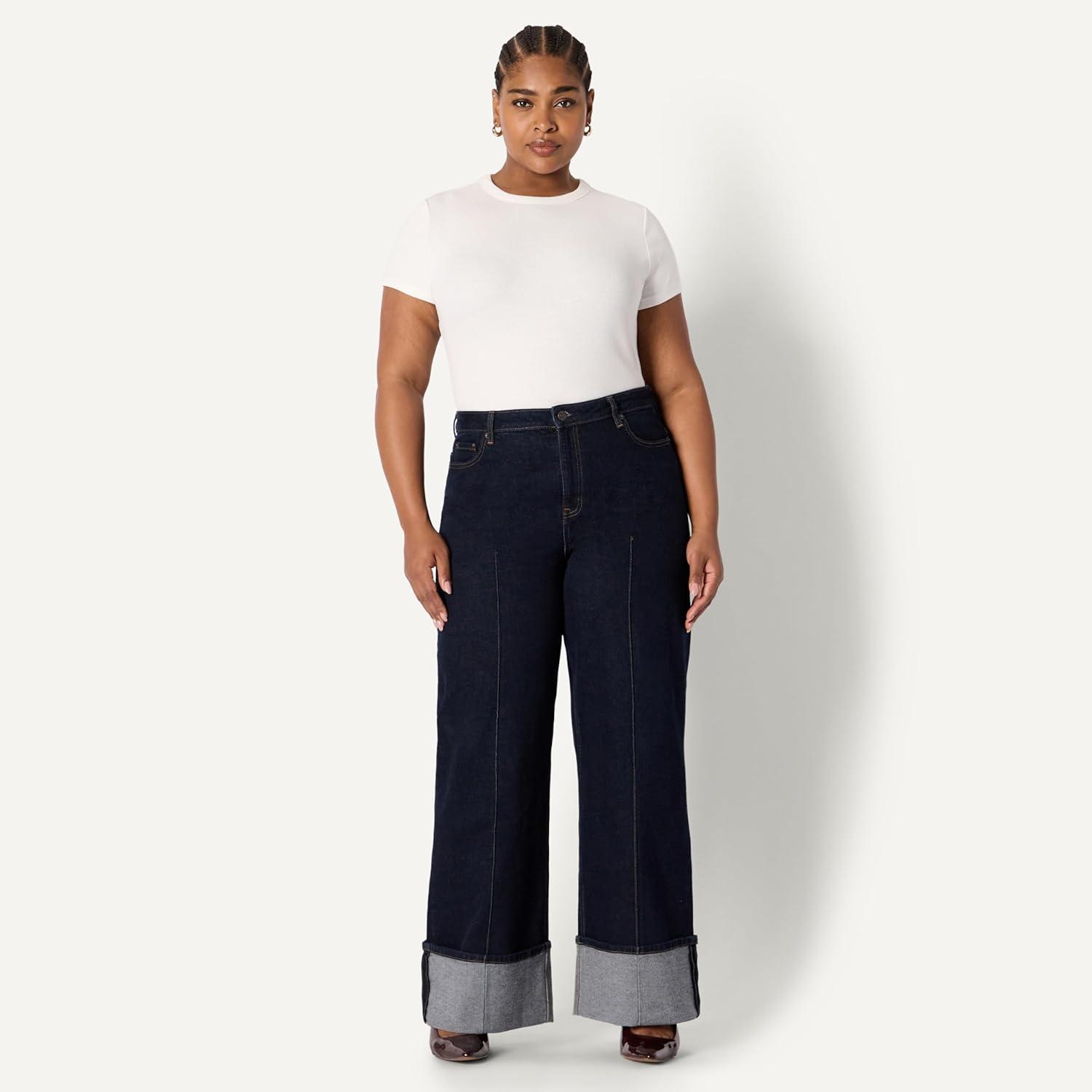 imageAmazon Essentials Womens HighRise Wide Leg Cuffed JeanRinse