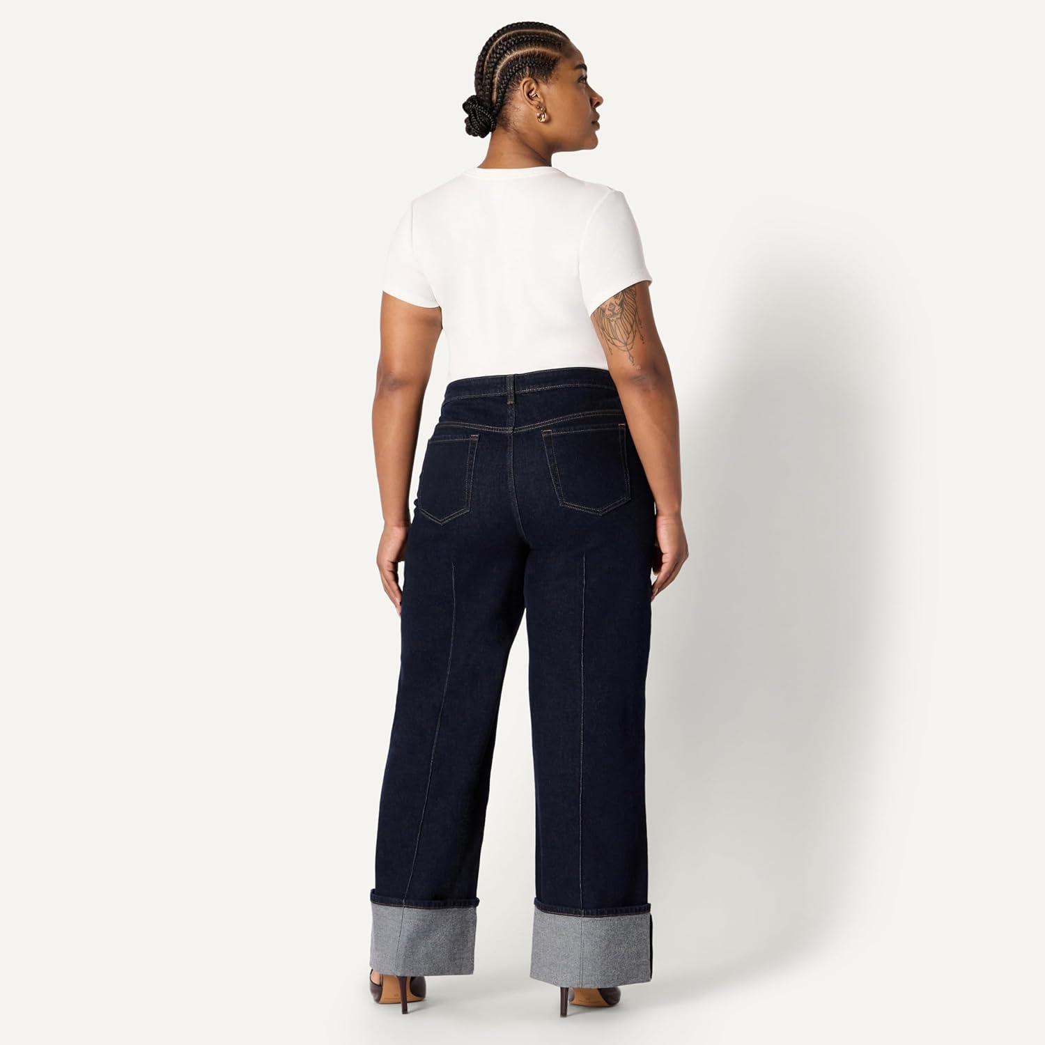 imageAmazon Essentials Womens HighRise Wide Leg Cuffed JeanRinse