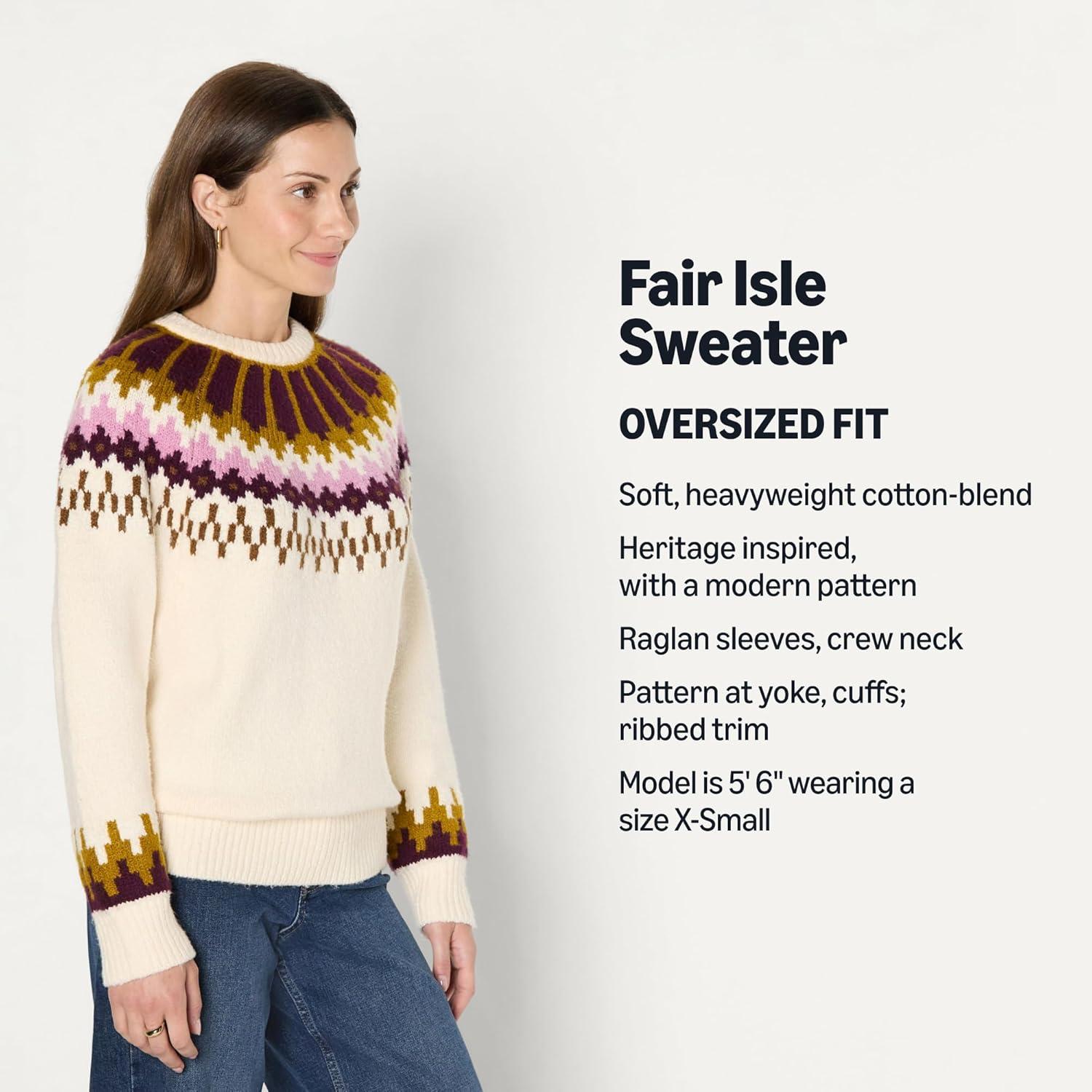 imageAmazon Essentials Womens OversizedFit Fair Isle Crewneck SweaterCream Caramel Chevron Knit