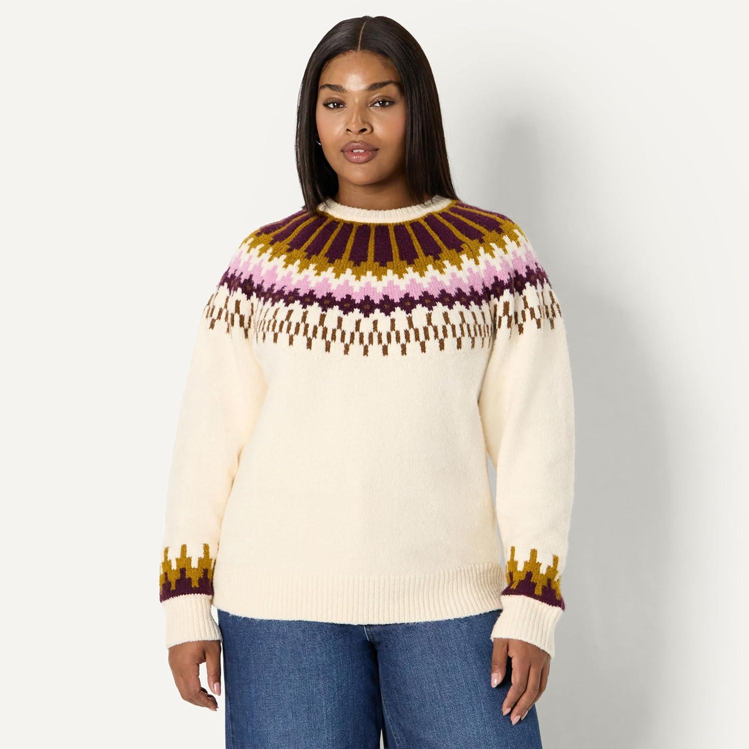 imageAmazon Essentials Womens OversizedFit Fair Isle Crewneck SweaterCream Caramel Chevron Knit