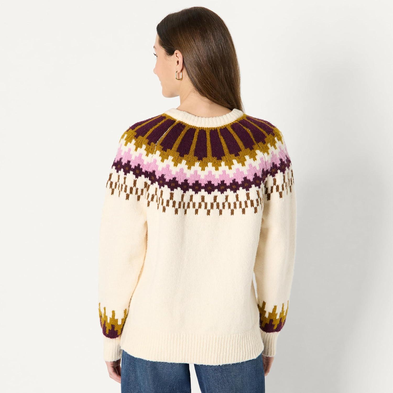 imageAmazon Essentials Womens OversizedFit Fair Isle Crewneck SweaterCream Caramel Chevron Knit