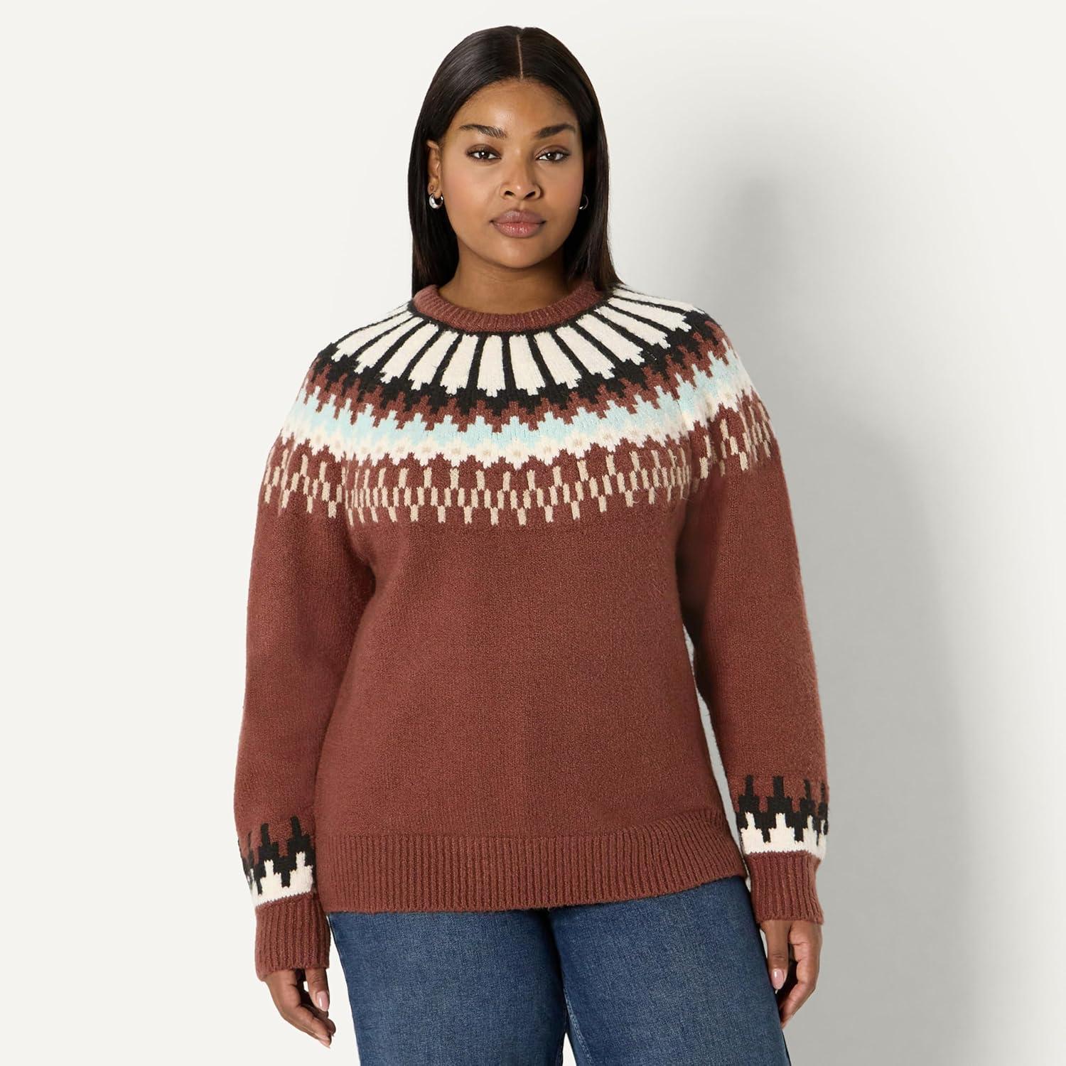 imageAmazon Essentials Womens OversizedFit Fair Isle Crewneck SweaterDark Brown Mint Green Chevron