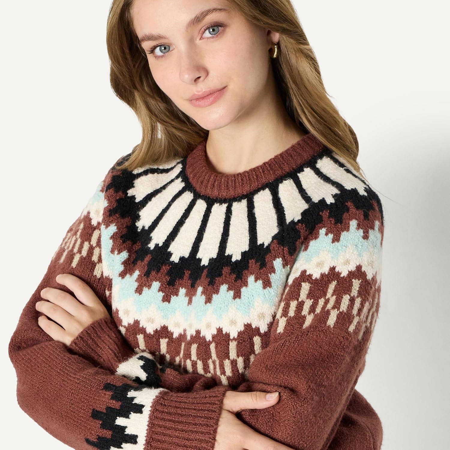 imageAmazon Essentials Womens OversizedFit Fair Isle Crewneck SweaterDark Brown Mint Green Chevron