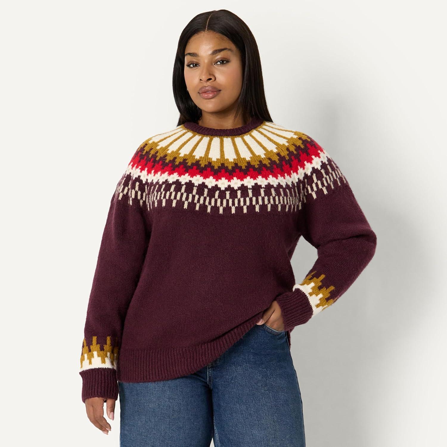 imageAmazon Essentials Womens OversizedFit Fair Isle Crewneck SweaterDark Burgundy Cream Chevron Knit