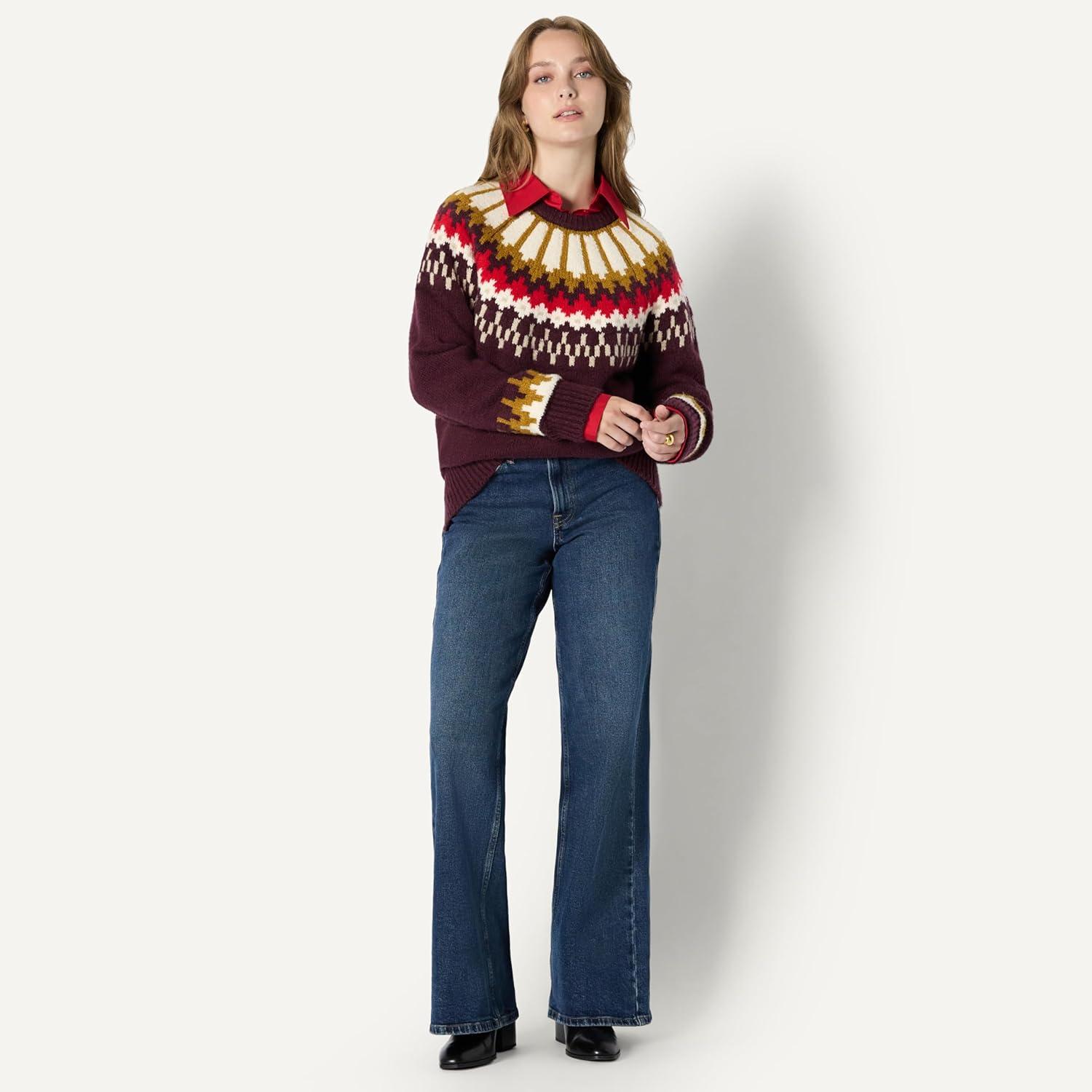 imageAmazon Essentials Womens OversizedFit Fair Isle Crewneck SweaterDark Burgundy Cream Chevron Knit