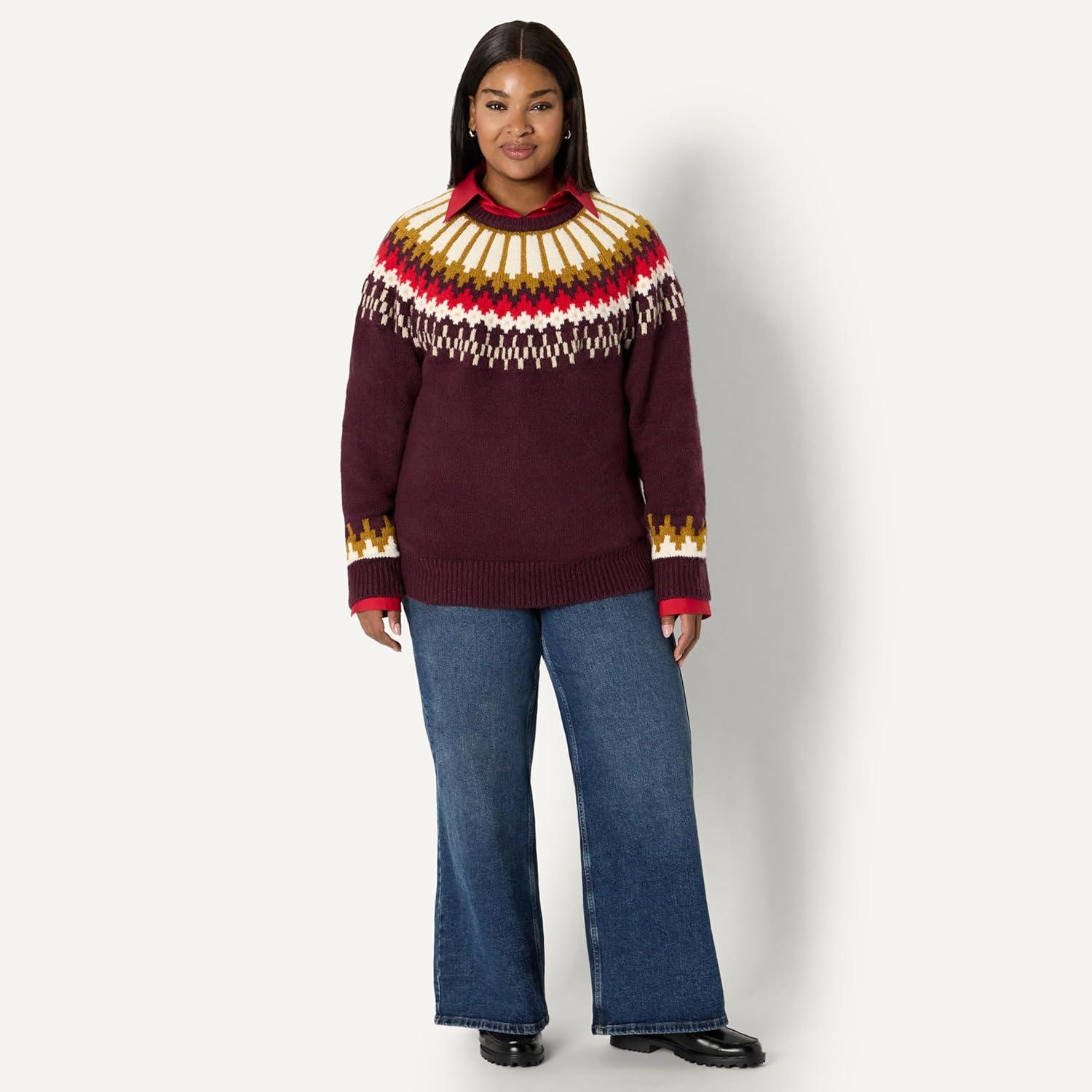 imageAmazon Essentials Womens OversizedFit Fair Isle Crewneck SweaterDark Burgundy Cream Chevron Knit