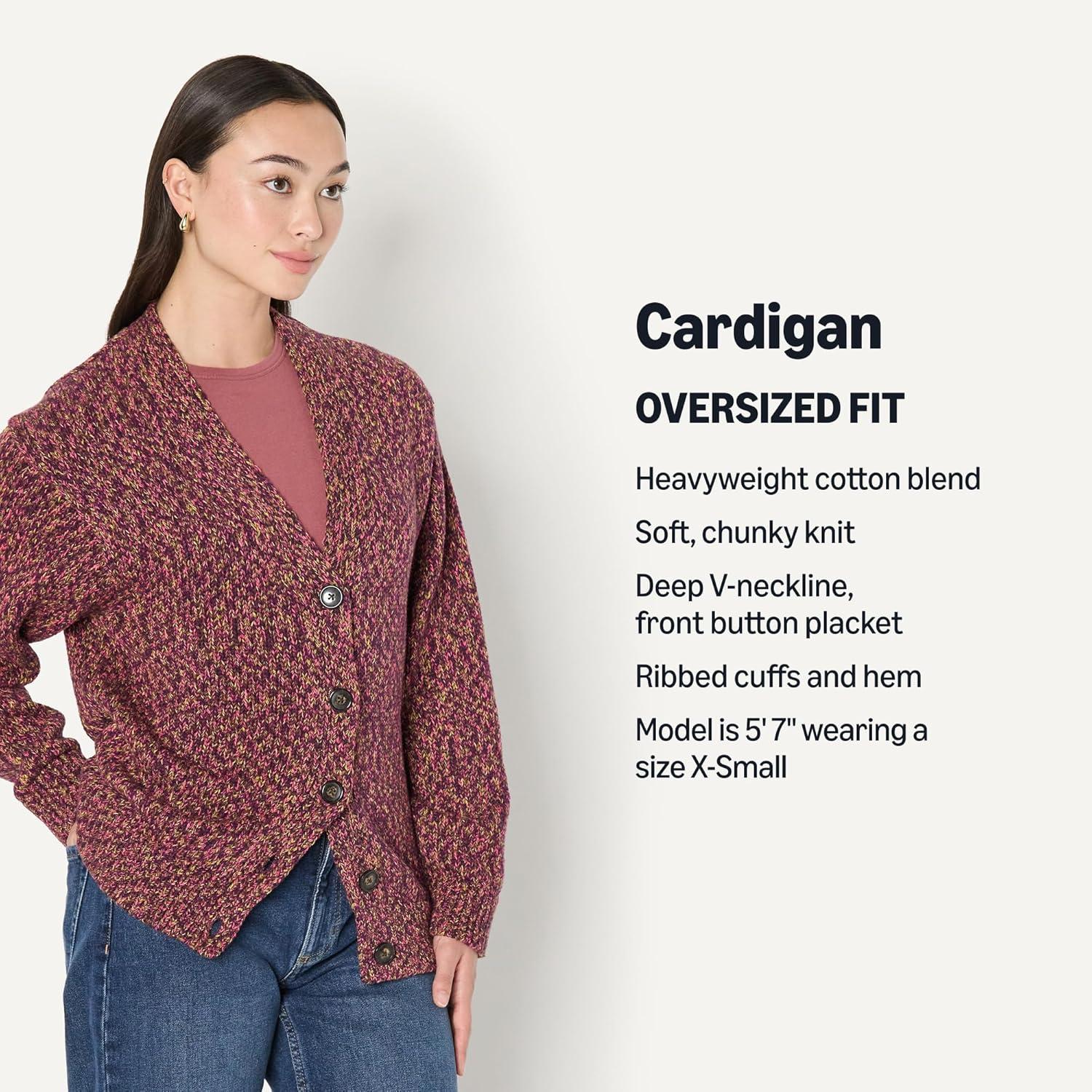 imageAmazon Essentials Womens OversizedFit MultiColor Heavyweight ButtonUp CardiganBurgundy Marl