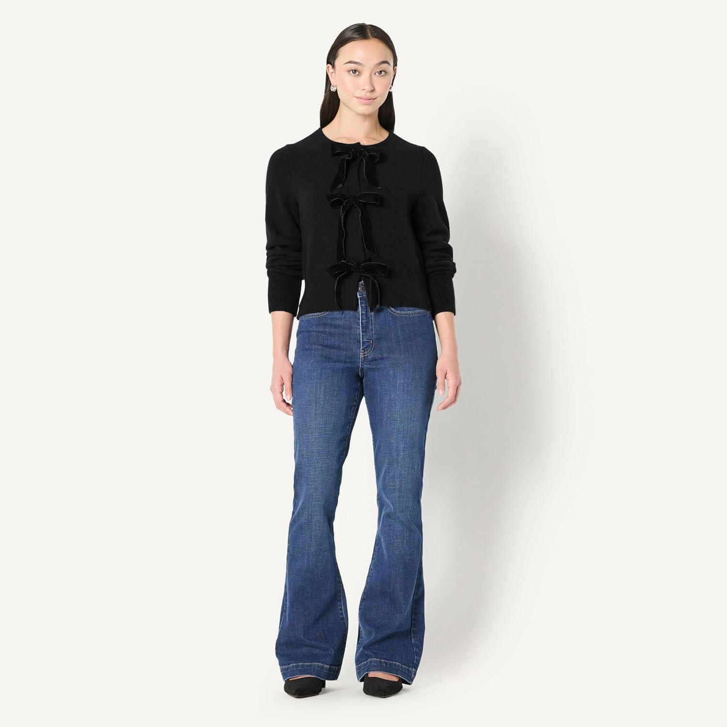 imageAmazon Essentials Womens RegularFit LongSleeve Tie Front Cardigan with BowsBlack