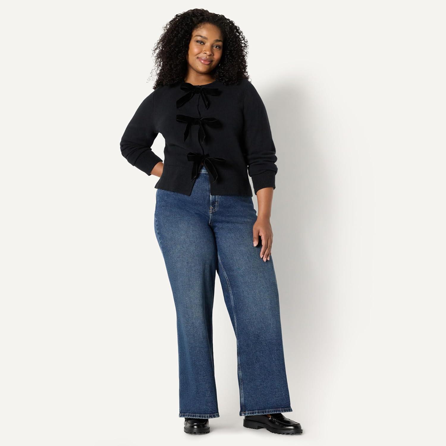 imageAmazon Essentials Womens RegularFit LongSleeve Tie Front Cardigan with BowsBlack