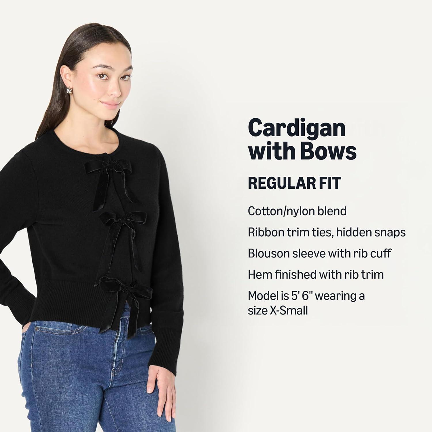 imageAmazon Essentials Womens RegularFit LongSleeve Tie Front Cardigan with BowsBlack