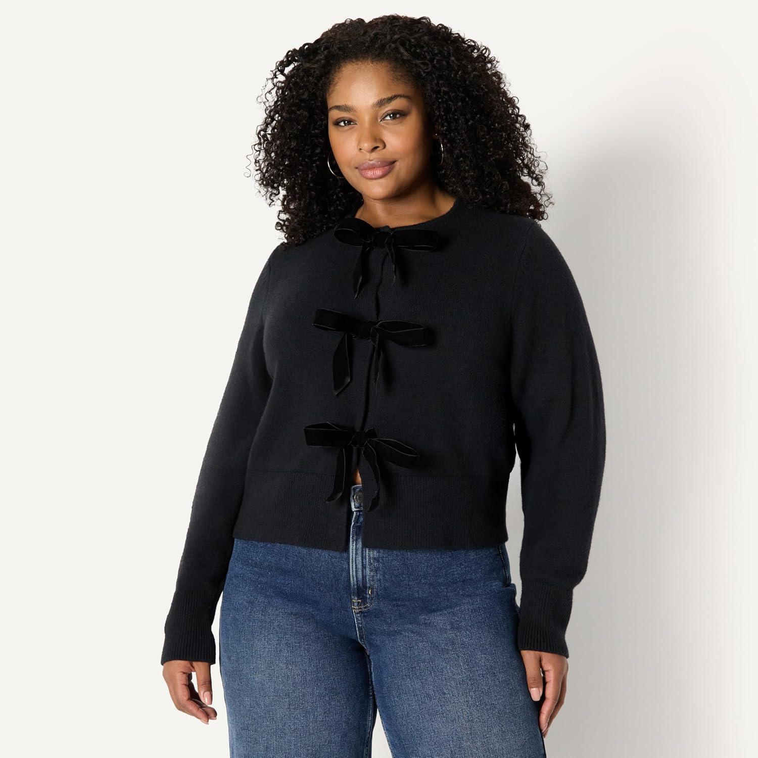 imageAmazon Essentials Womens RegularFit LongSleeve Tie Front Cardigan with BowsBlack