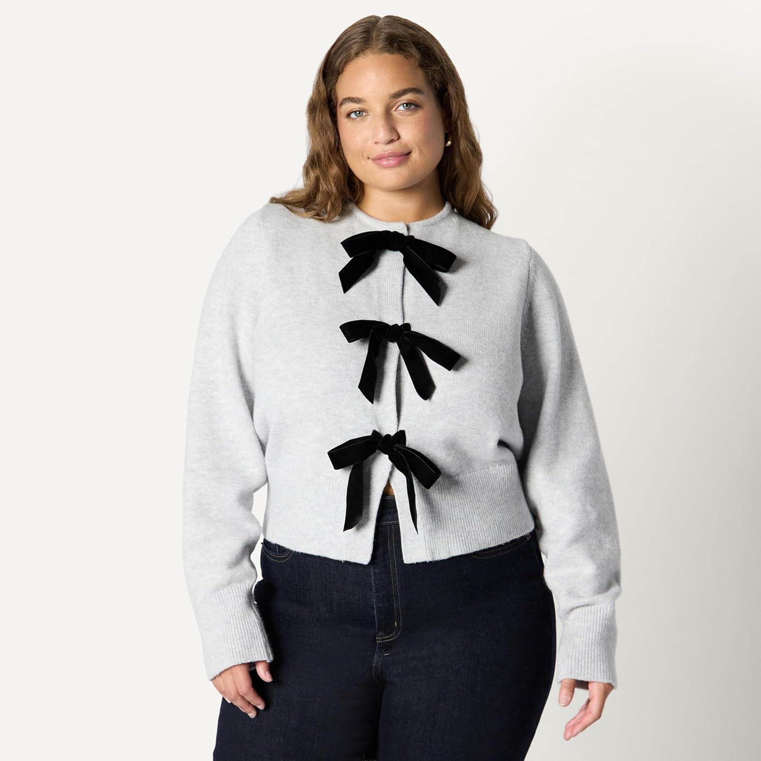 imageAmazon Essentials Womens RegularFit LongSleeve Tie Front Cardigan with BowsLight Grey Heather